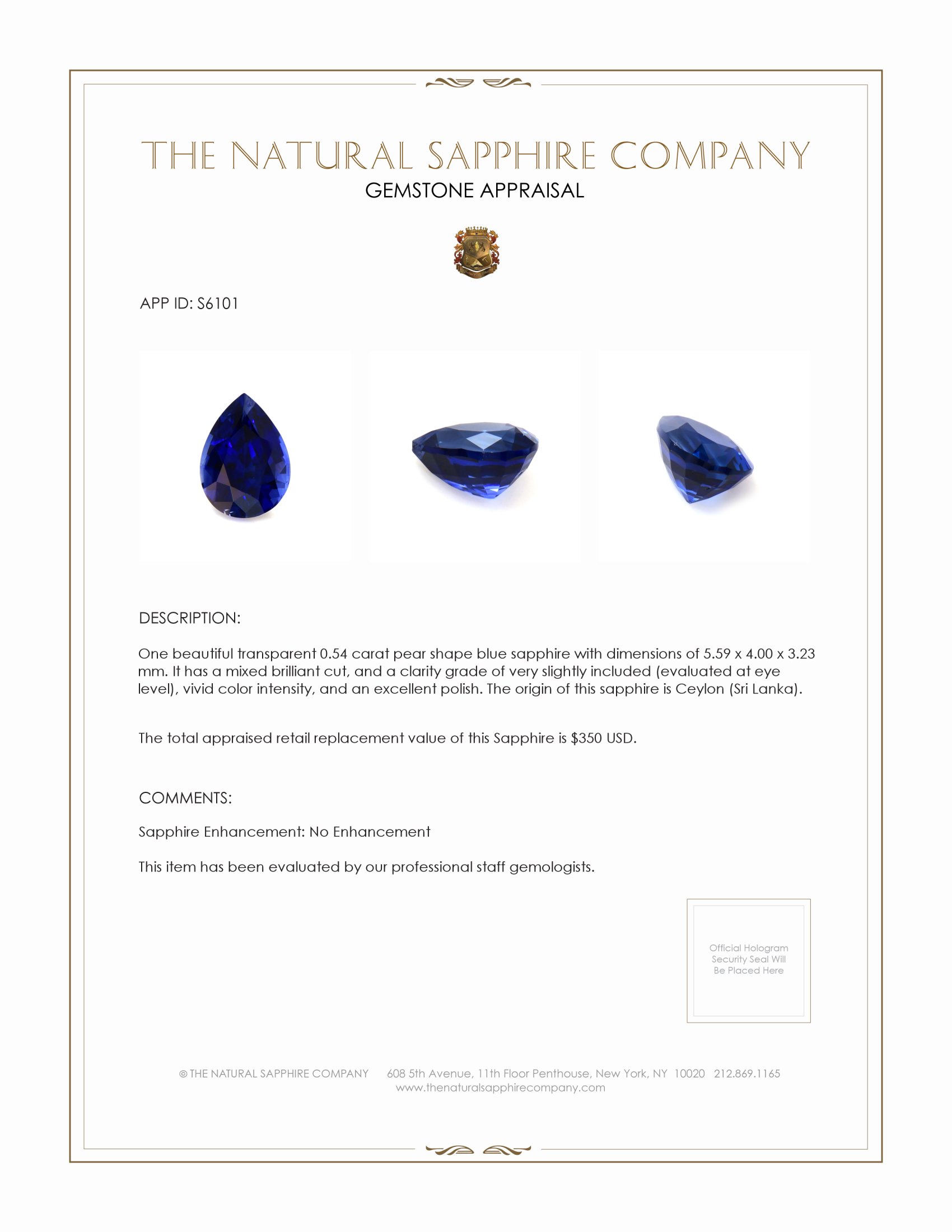 0.54 Ct. Blue Sapphire from Ceylon (Sri Lanka)