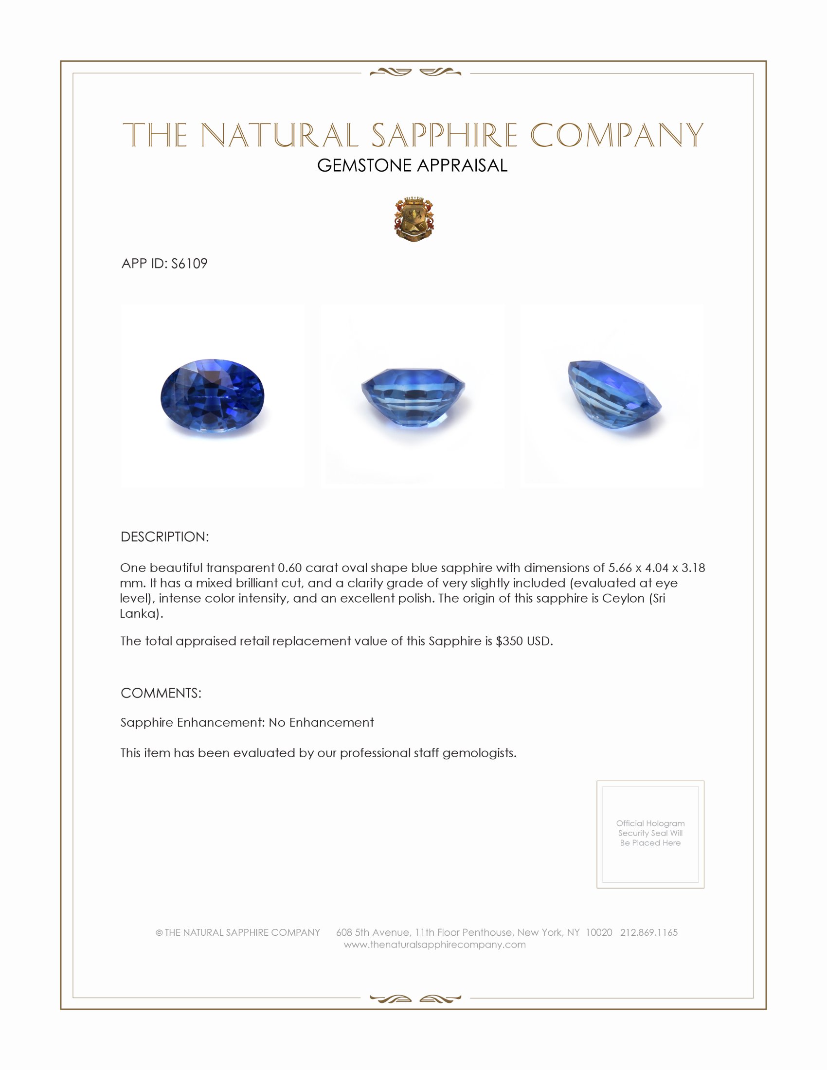 0.60 Ct. Blue Sapphire from Ceylon (Sri Lanka)