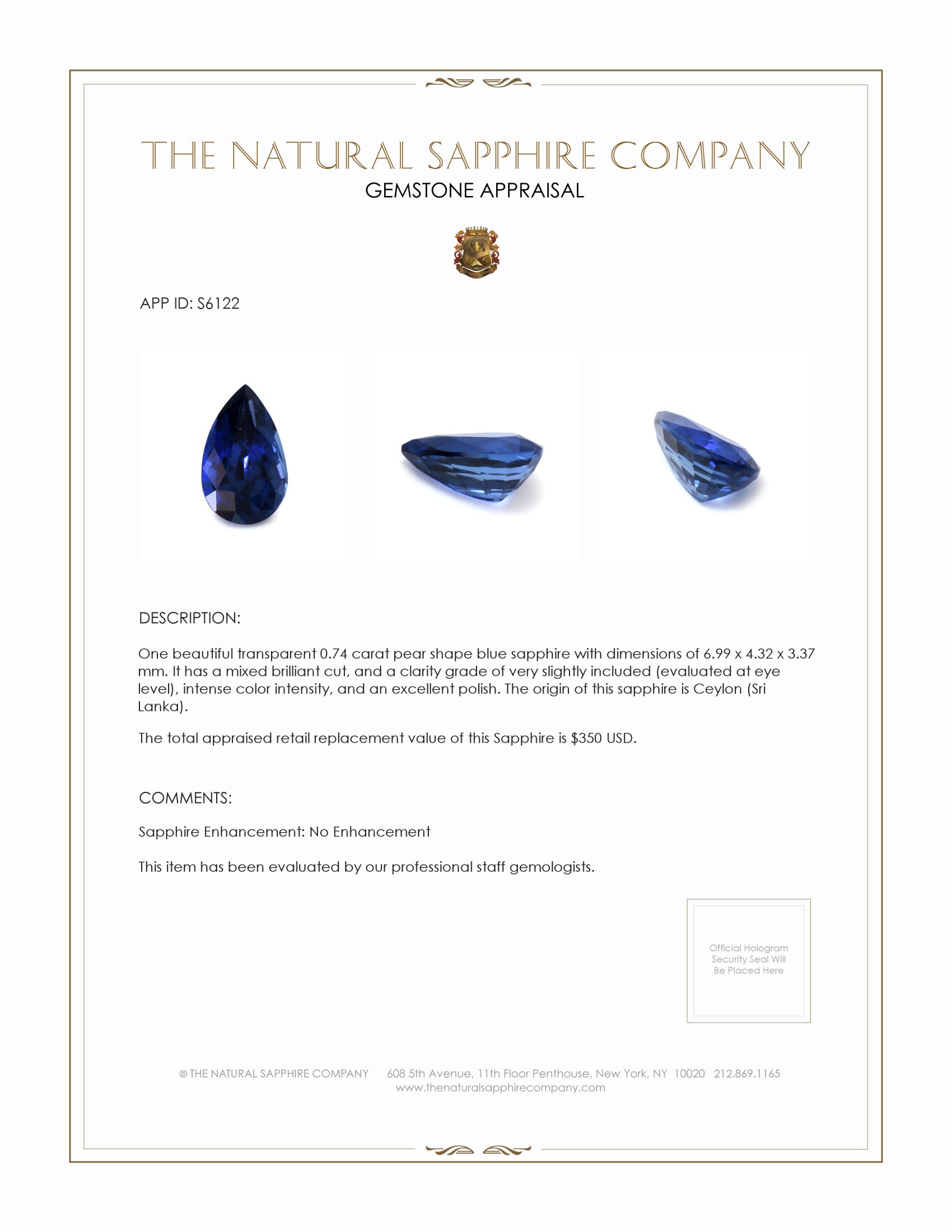 0.74 Ct. Blue Sapphire from Ceylon (Sri Lanka)