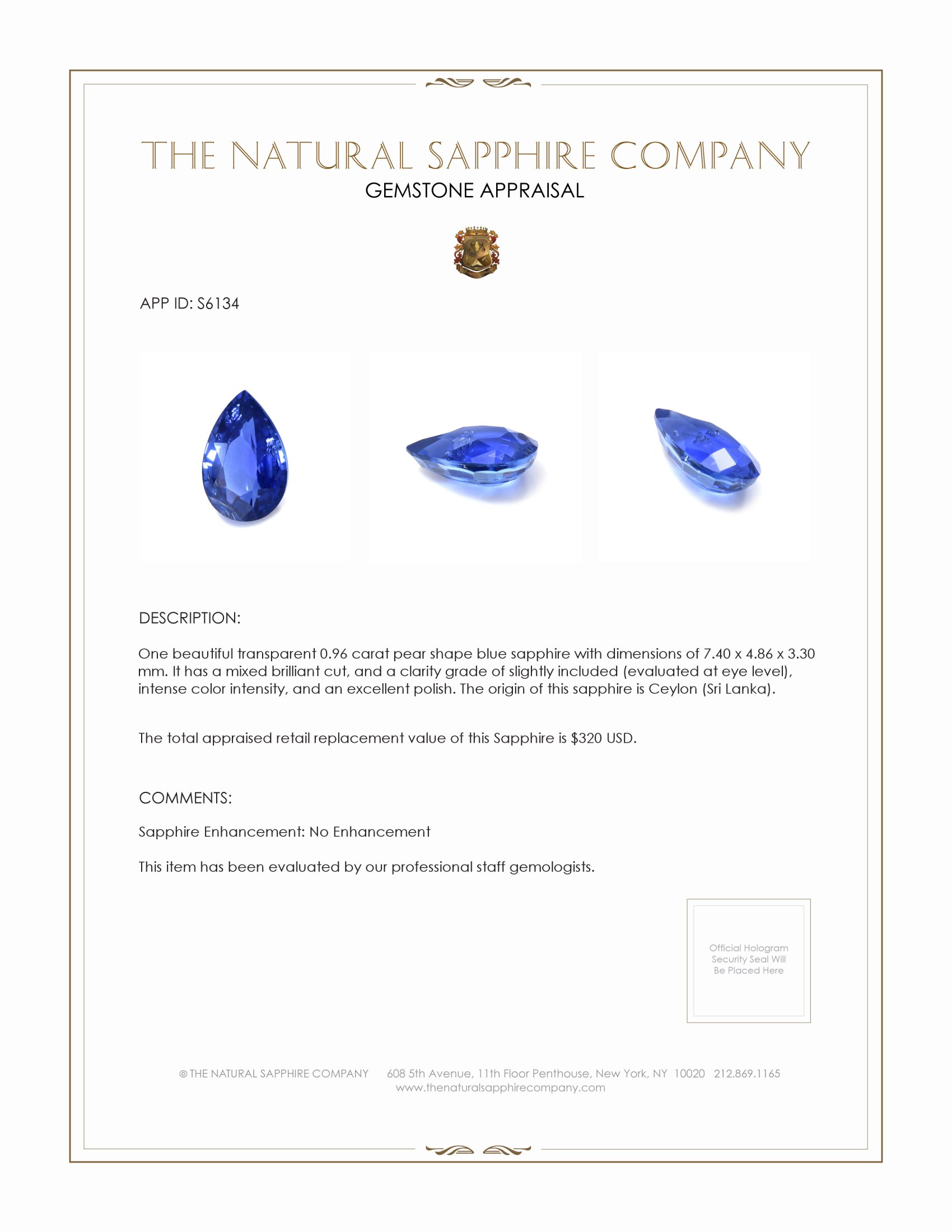 0.96 Ct. Blue Sapphire from Ceylon (Sri Lanka)