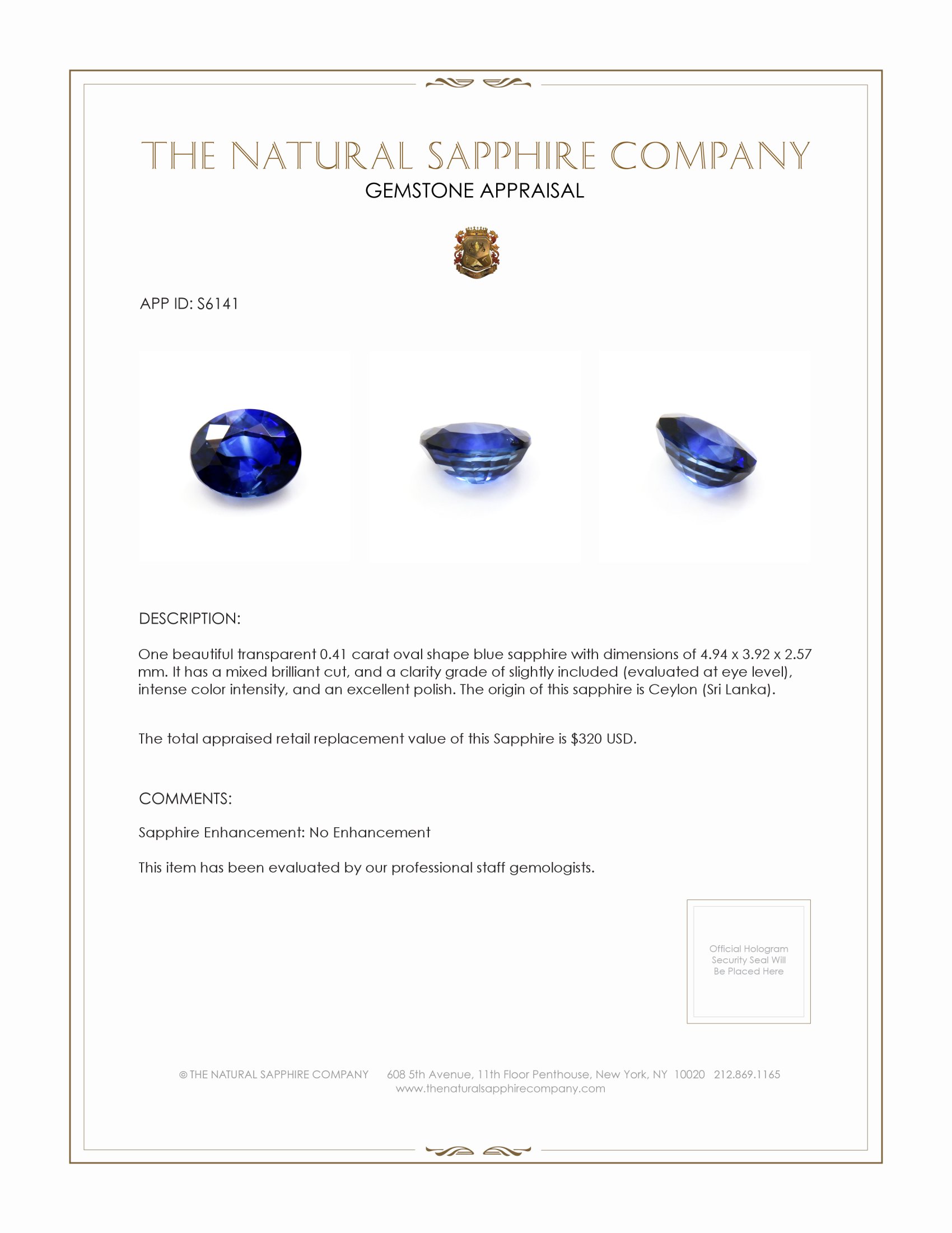 0.41 Ct. Blue Sapphire from Ceylon (Sri Lanka)
