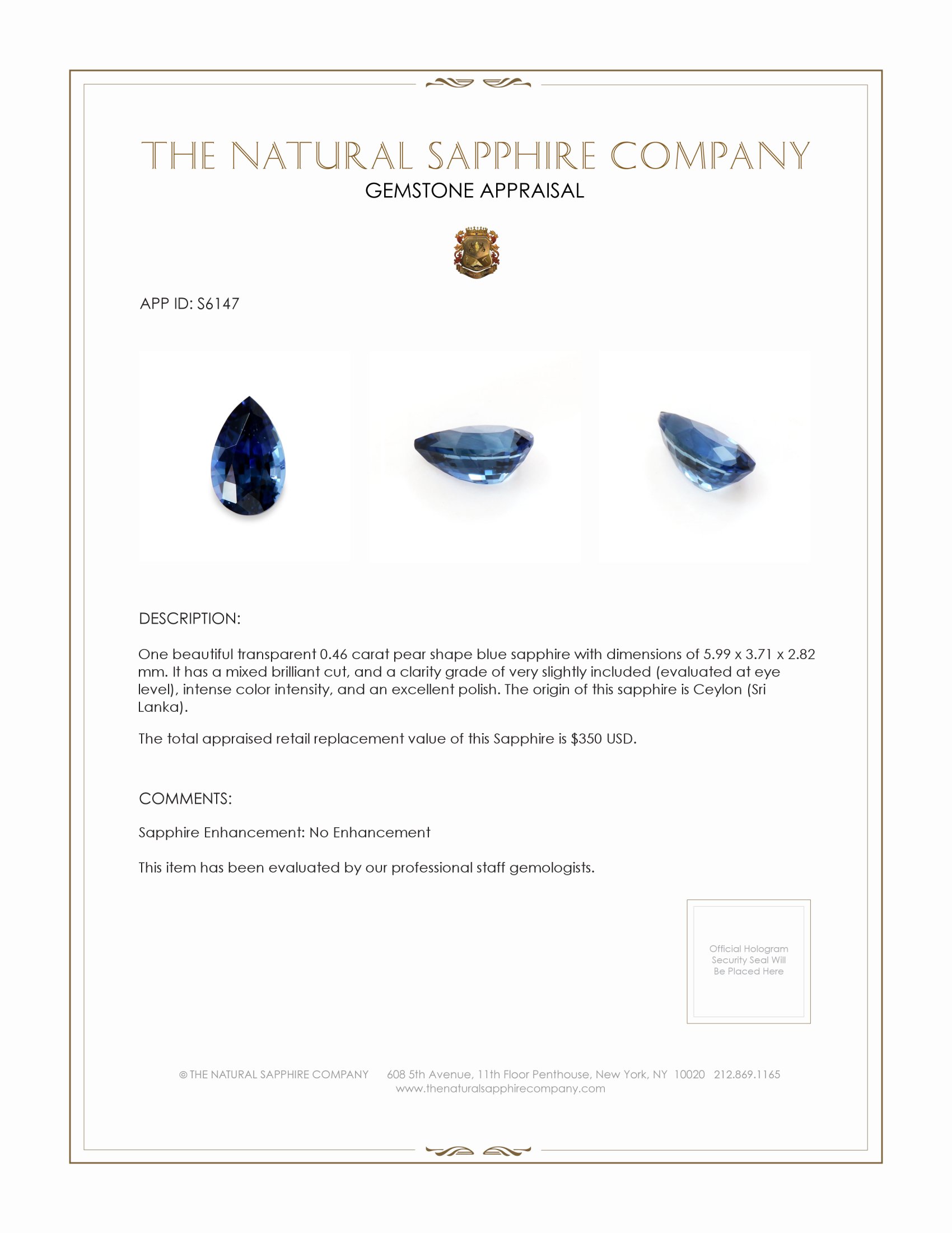 0.46 Ct. Blue Sapphire from Ceylon (Sri Lanka)