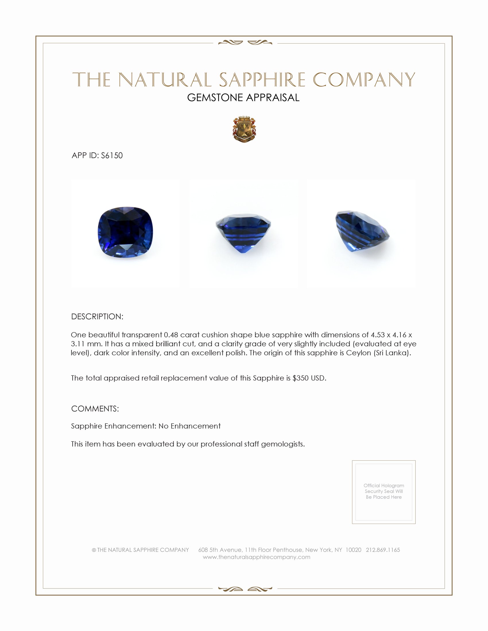 0.48 Ct. Blue Sapphire from Ceylon (Sri Lanka)