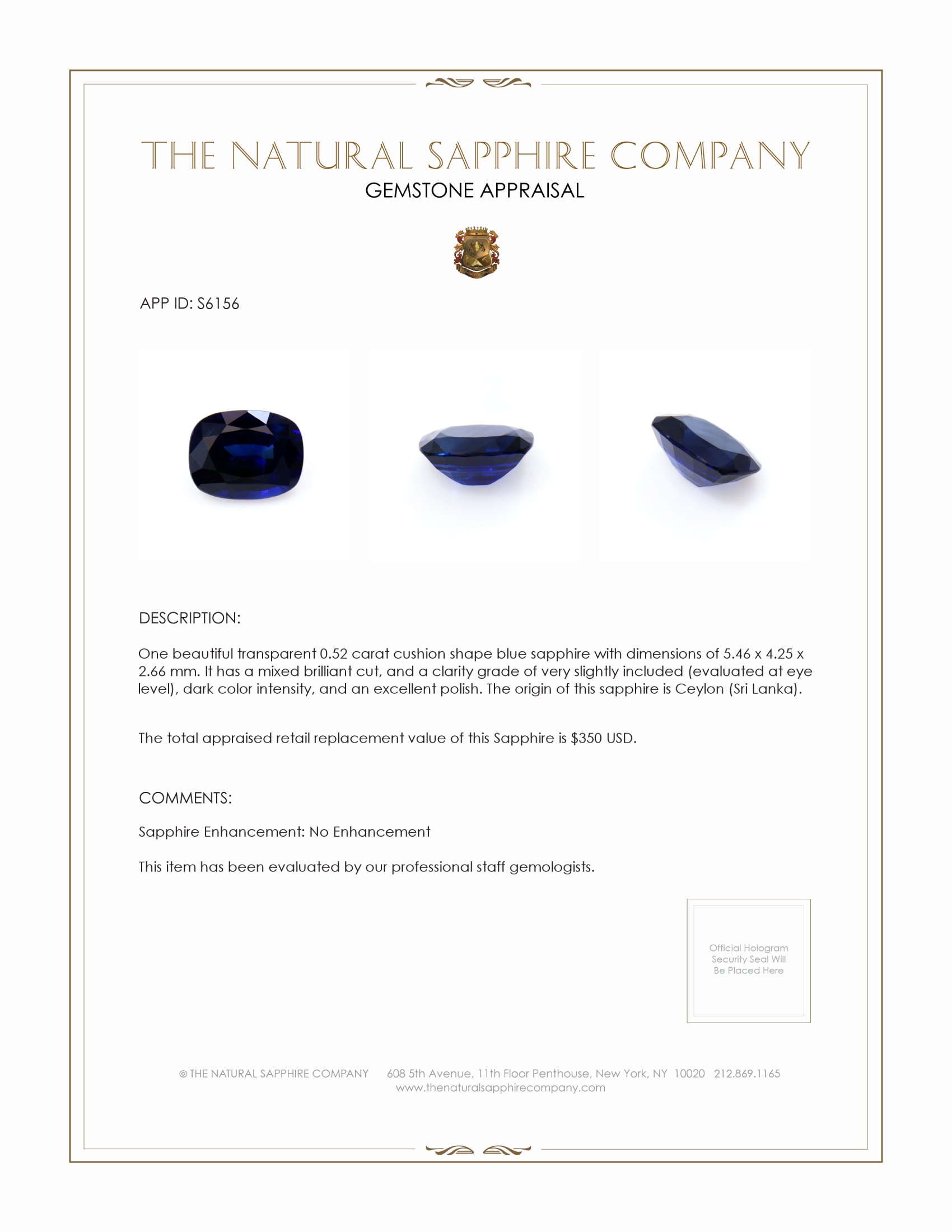 0.52 Ct. Blue Sapphire from Ceylon (Sri Lanka)