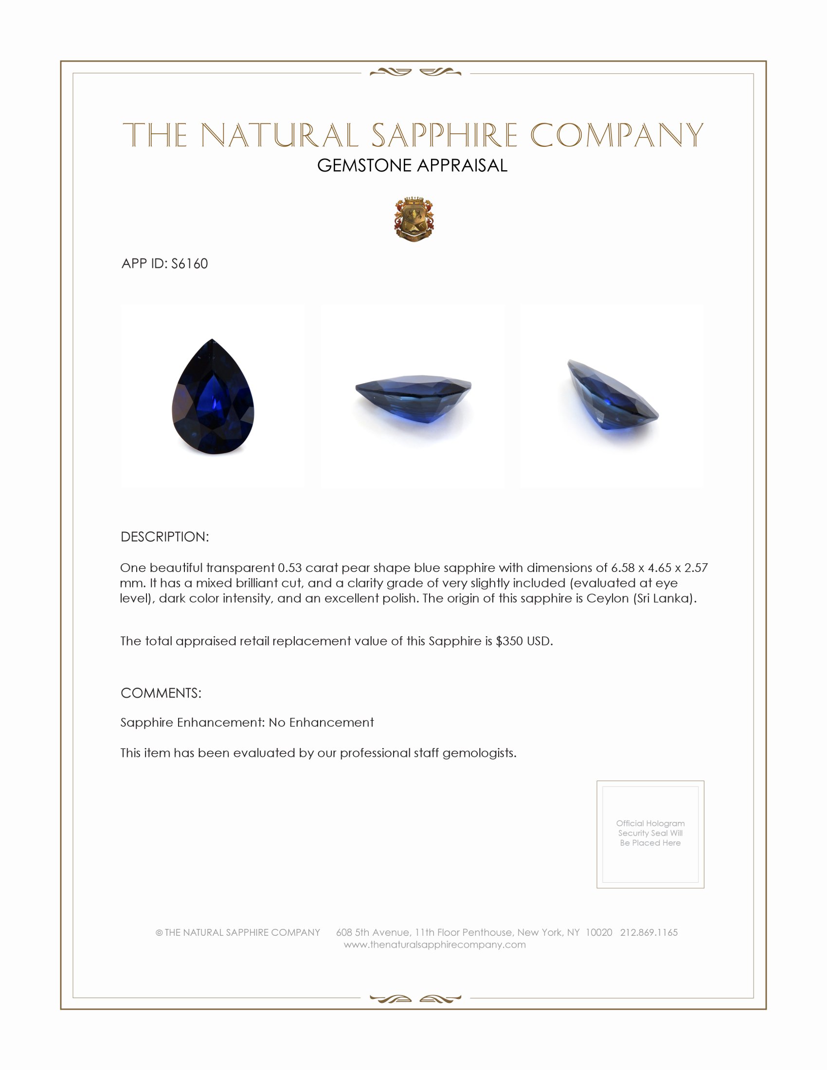 0.53 Ct. Blue Sapphire from Ceylon (Sri Lanka)