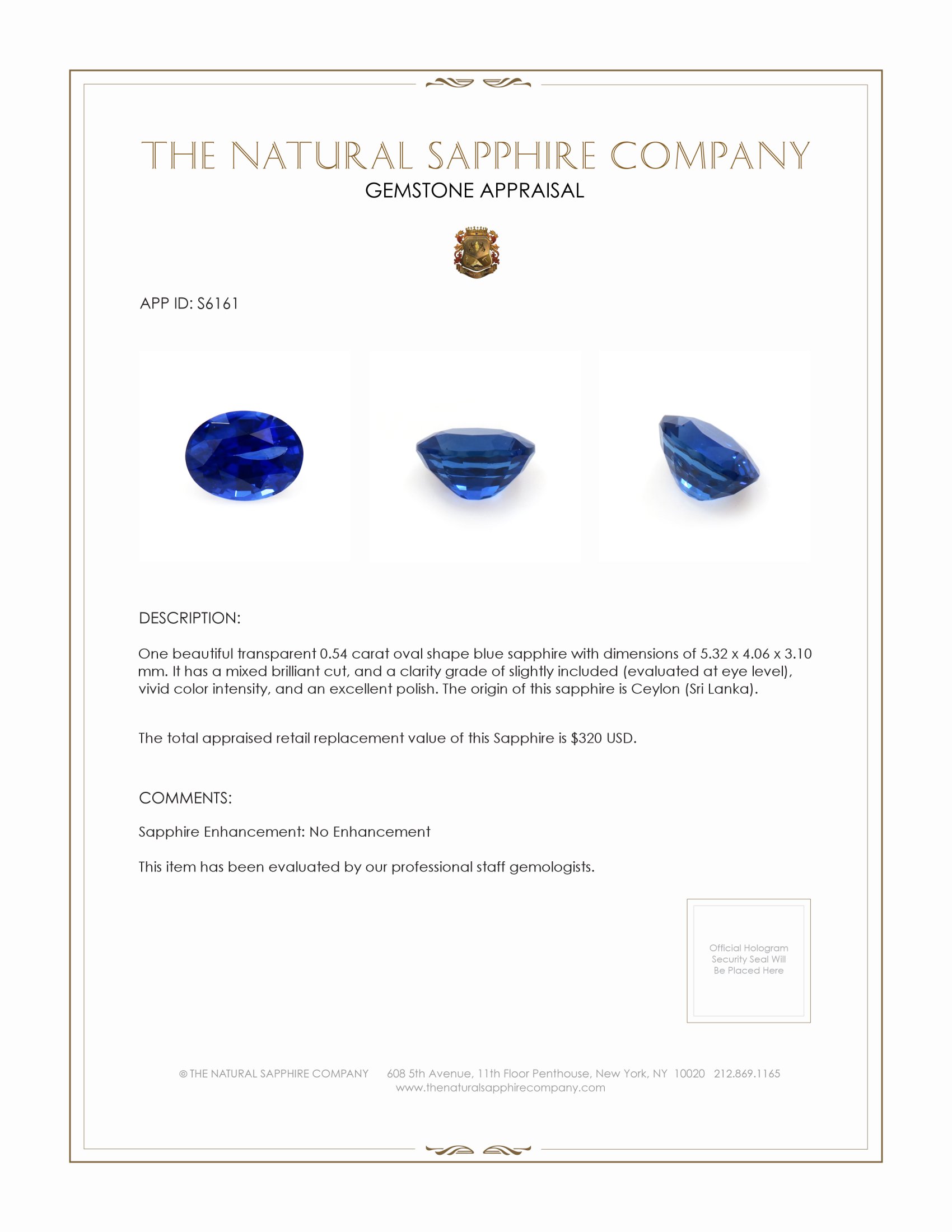 0.54 Ct. Blue Sapphire from Ceylon (Sri Lanka)