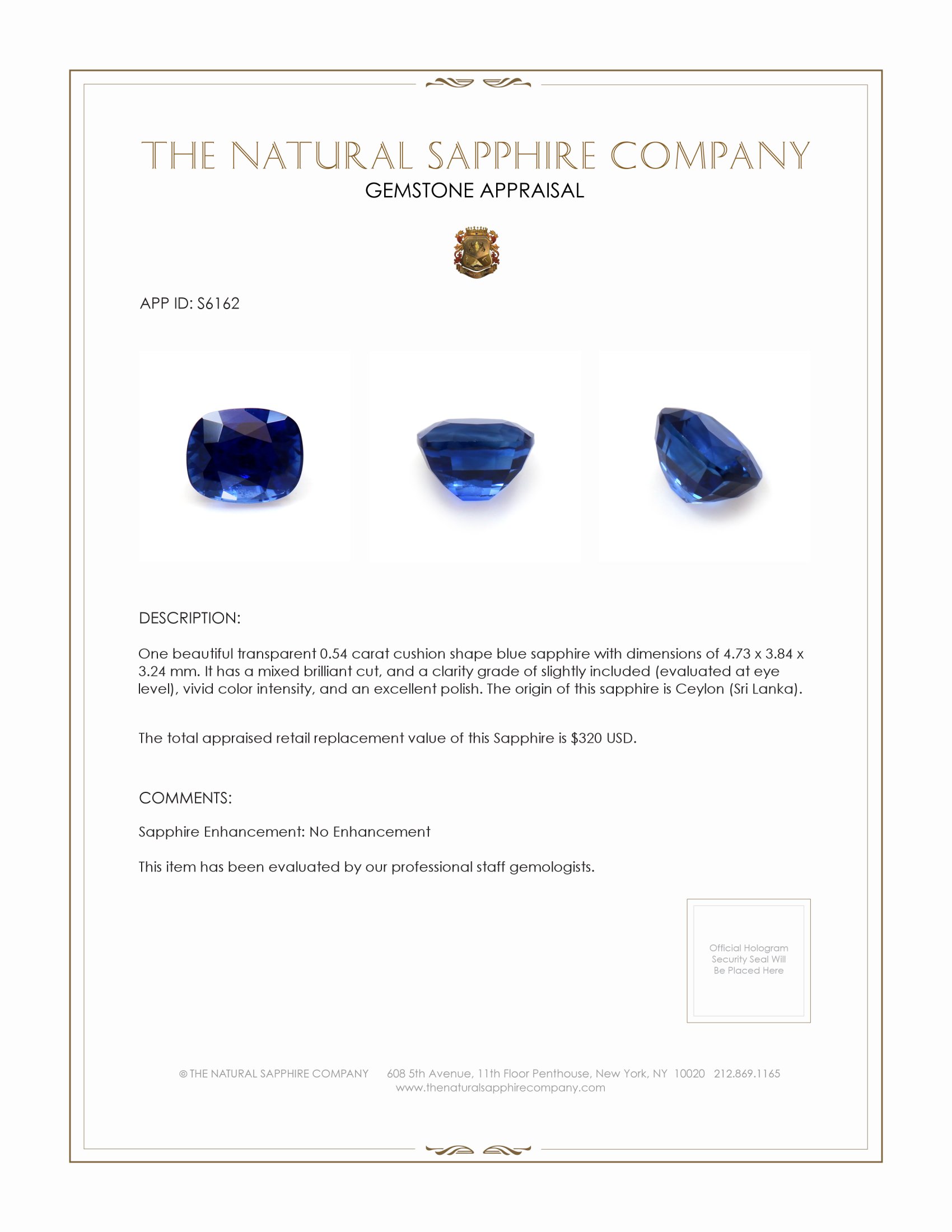 0.54 Ct. Blue Sapphire from Ceylon (Sri Lanka)