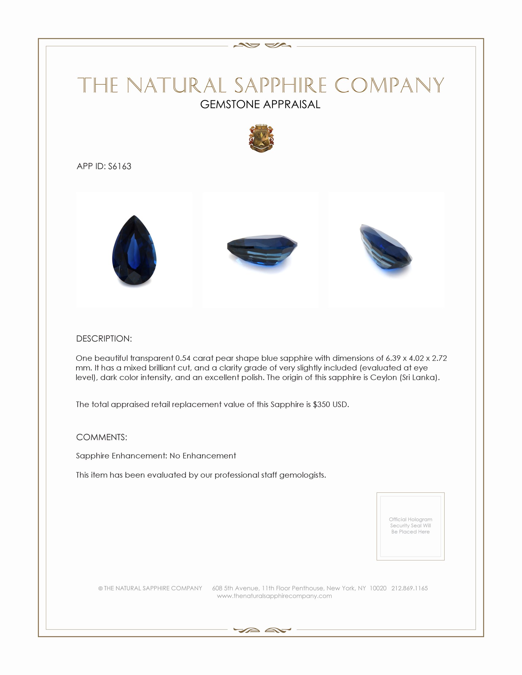 0.54 Ct. Blue Sapphire from Ceylon (Sri Lanka)