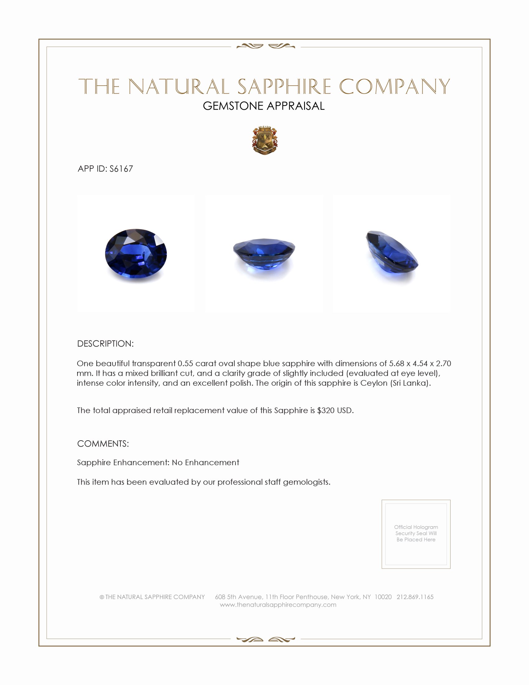 0.55 Ct. Blue Sapphire from Ceylon (Sri Lanka)