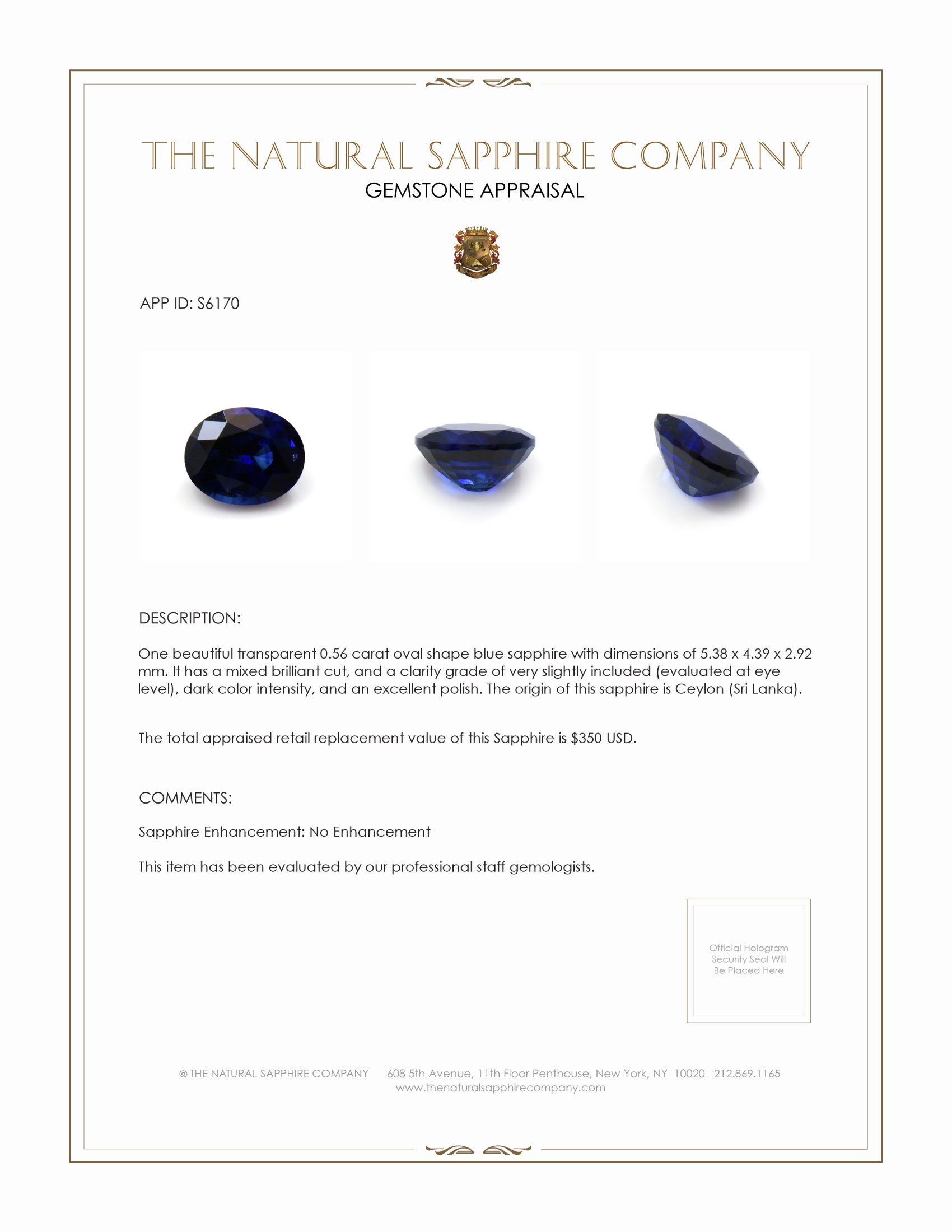 0.56 Ct. Blue Sapphire from Ceylon (Sri Lanka)