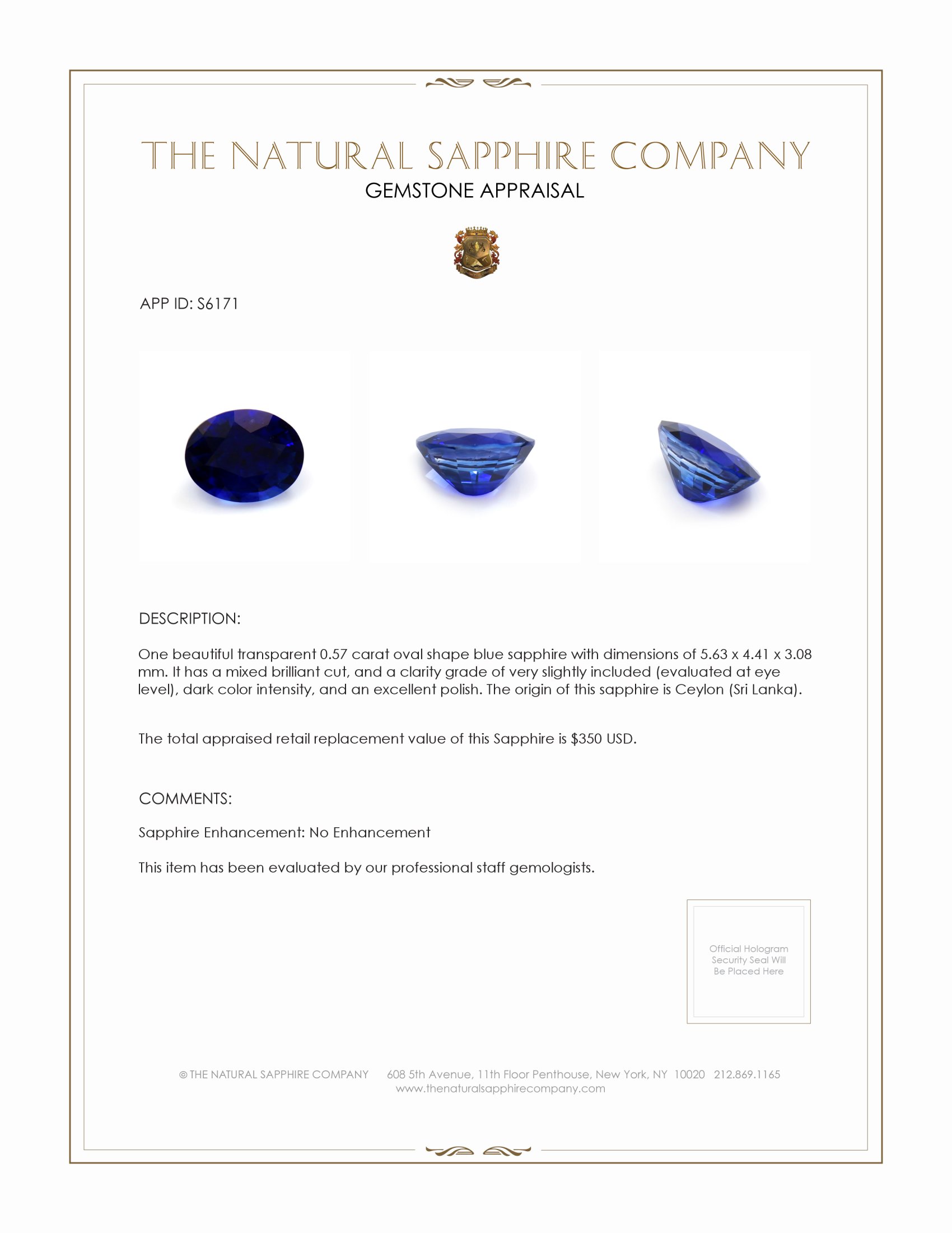 0.57 Ct. Blue Sapphire from Ceylon (Sri Lanka)