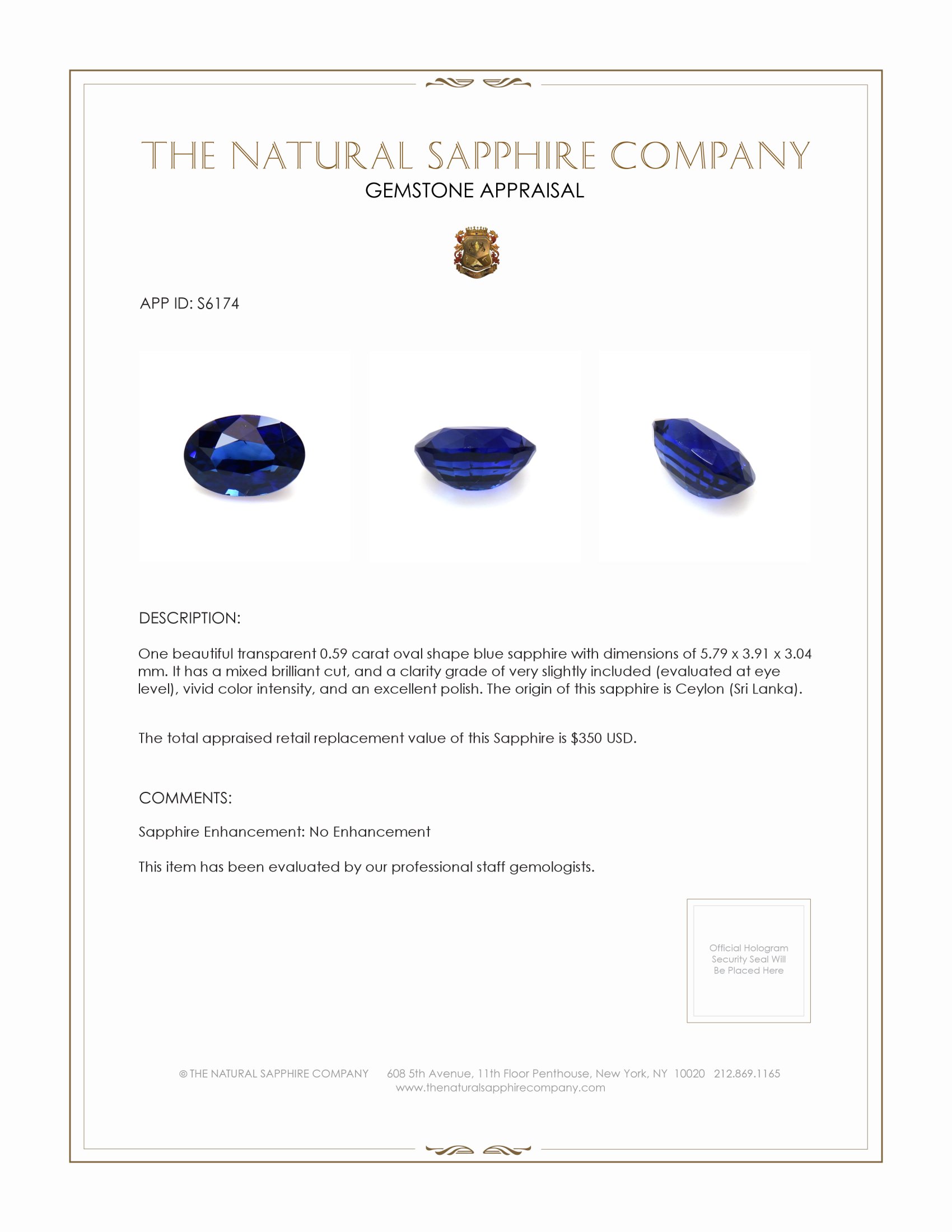 0.59 Ct. Blue Sapphire from Ceylon (Sri Lanka)