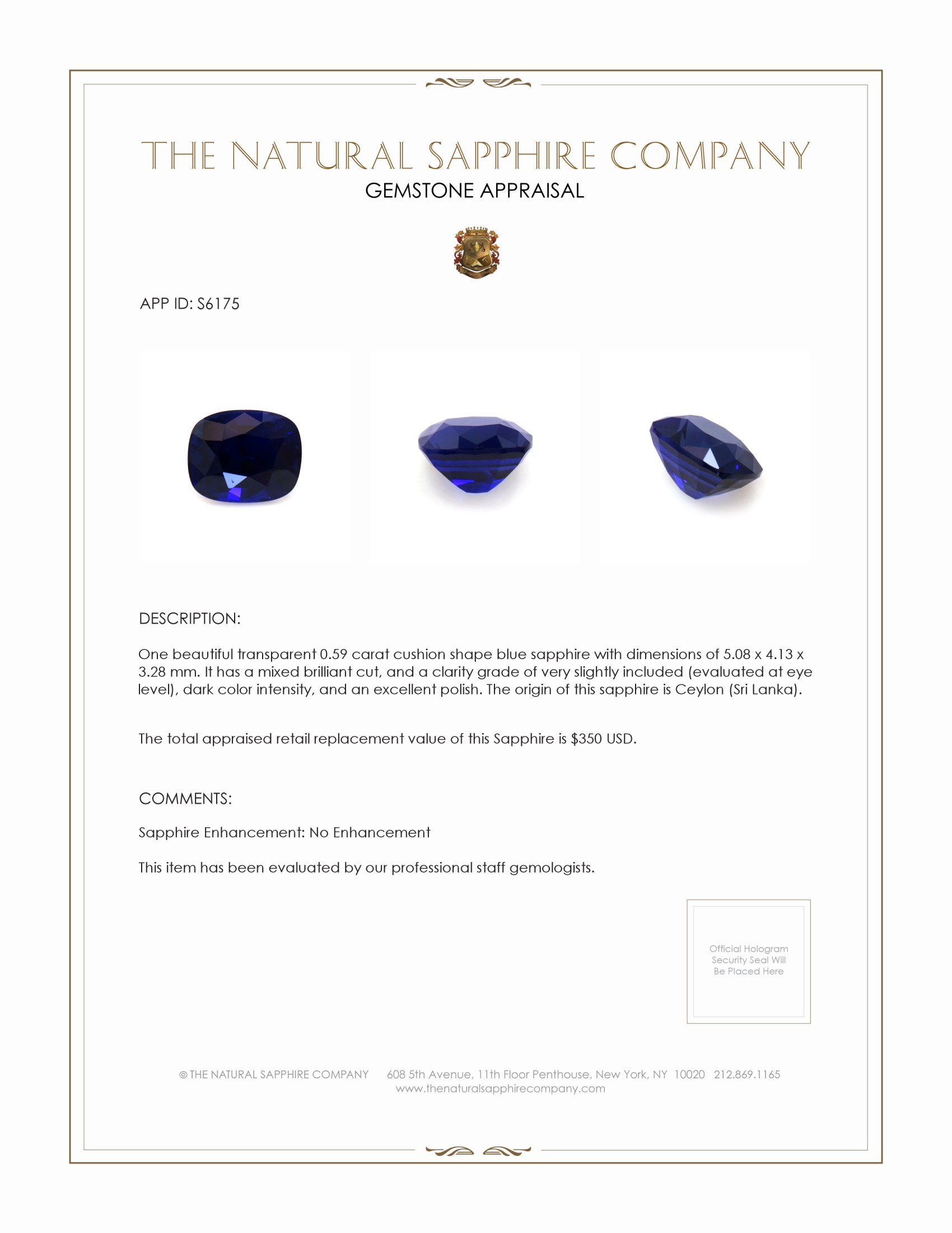 0.59 Ct. Blue Sapphire from Ceylon (Sri Lanka)