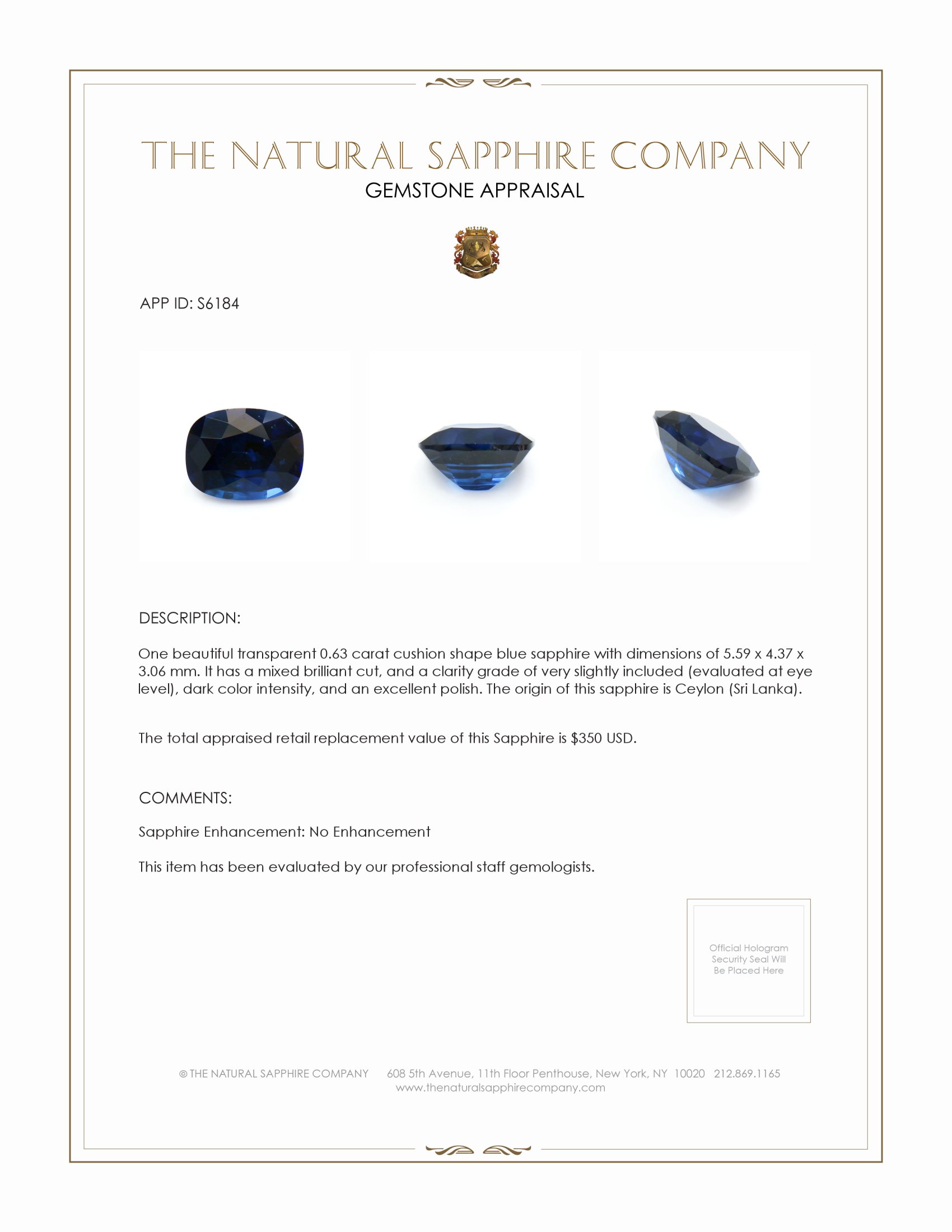 0.63 Ct. Blue Sapphire from Ceylon (Sri Lanka)