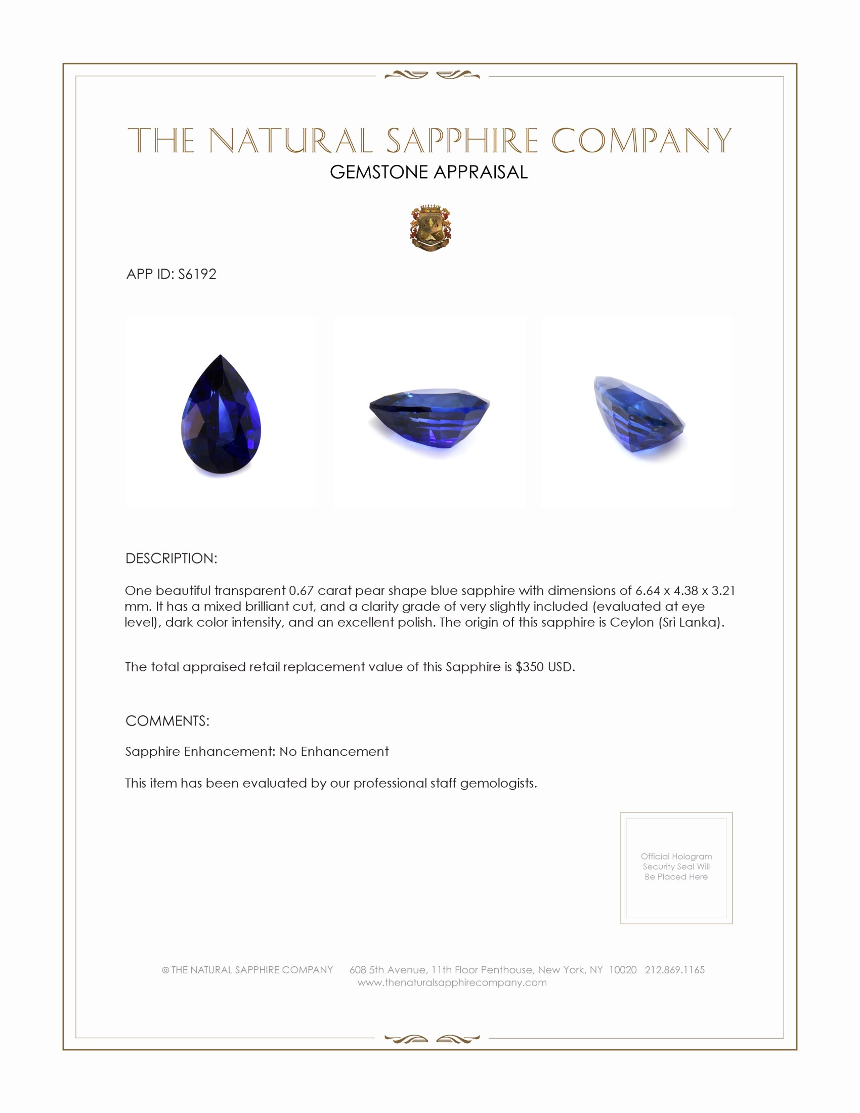 0.67 Ct. Blue Sapphire from Ceylon (Sri Lanka)