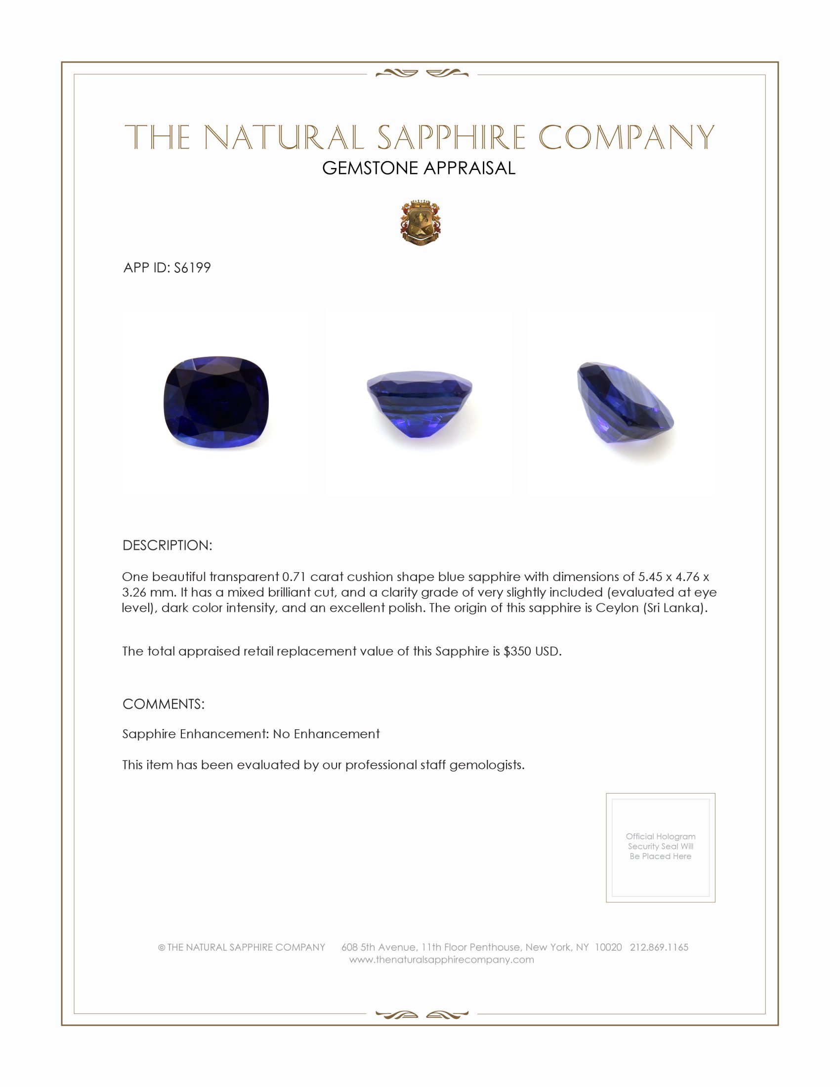 0.71 Ct. Blue Sapphire from Ceylon (Sri Lanka)