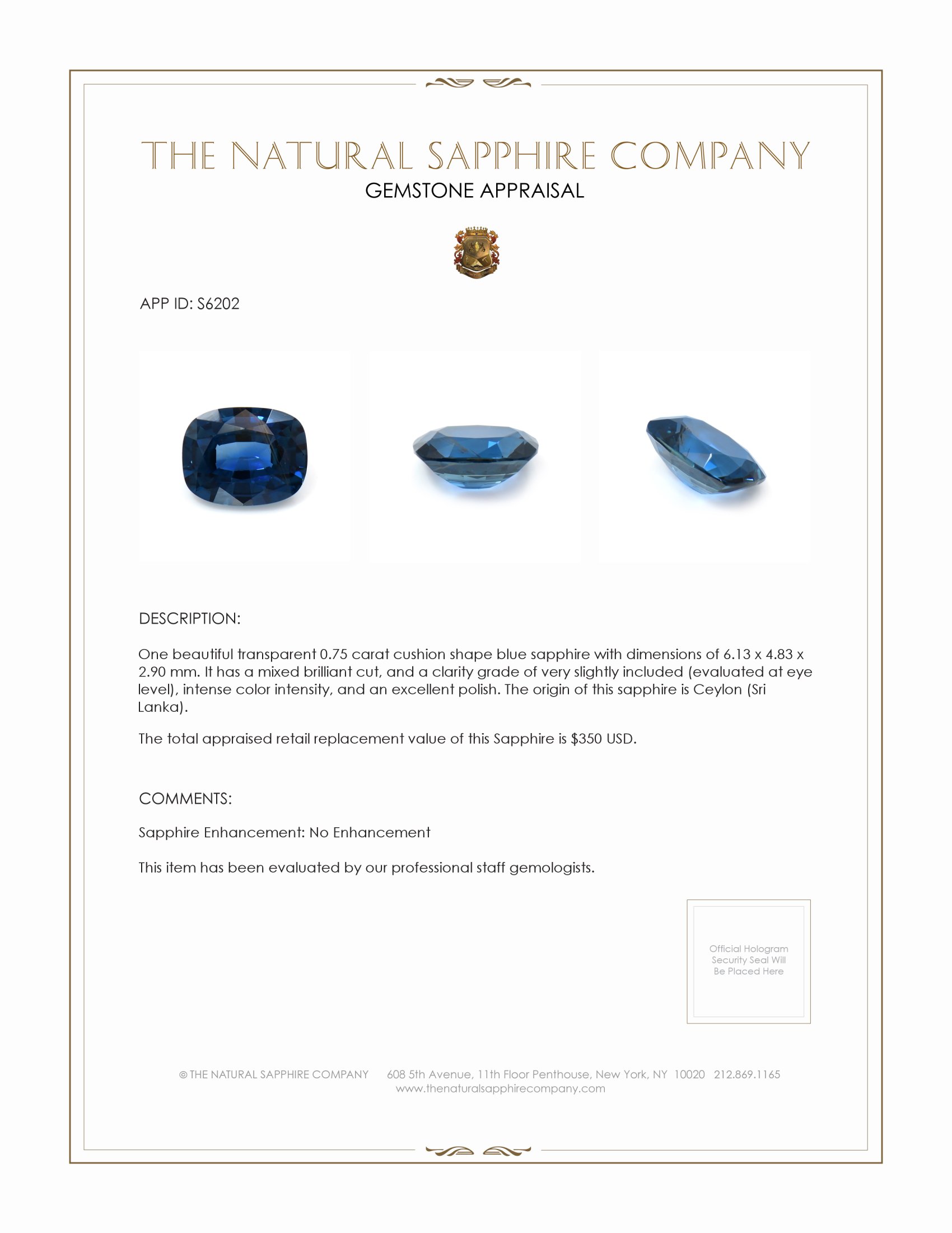 0.75 Ct. Blue Sapphire from Ceylon (Sri Lanka)