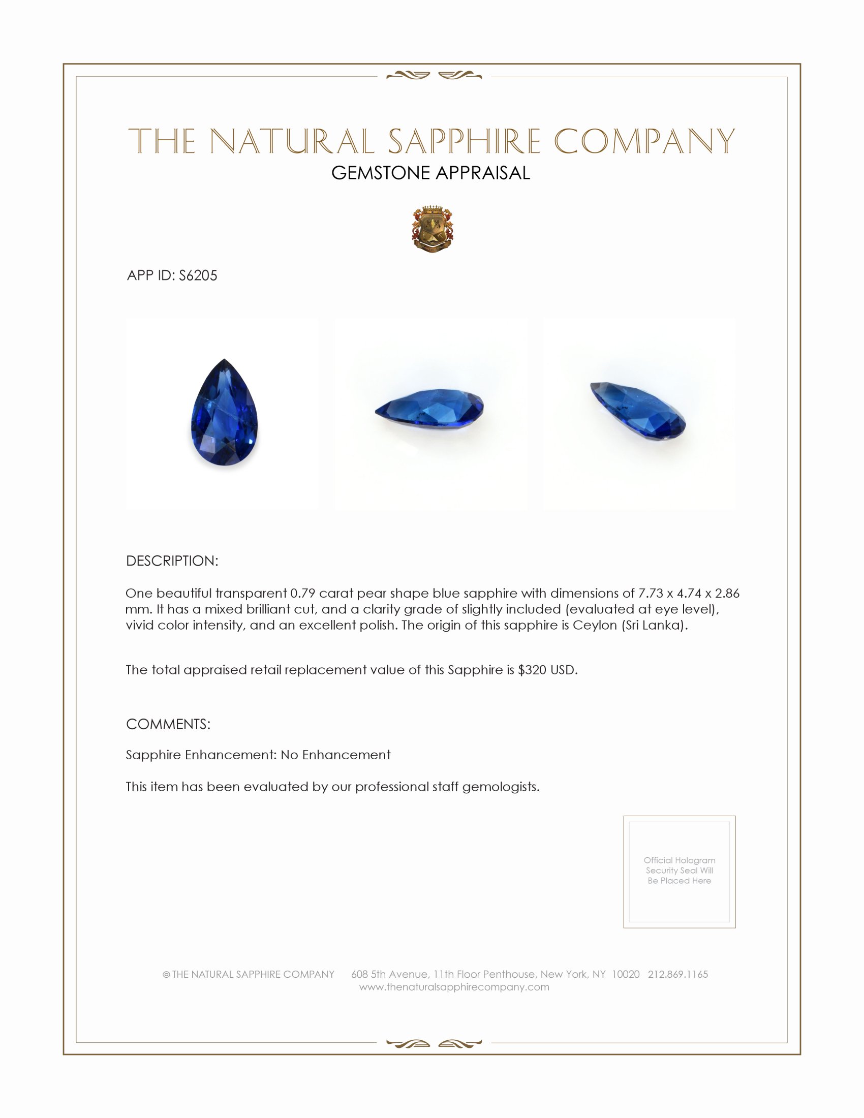 0.79 Ct. Blue Sapphire from Ceylon (Sri Lanka)
