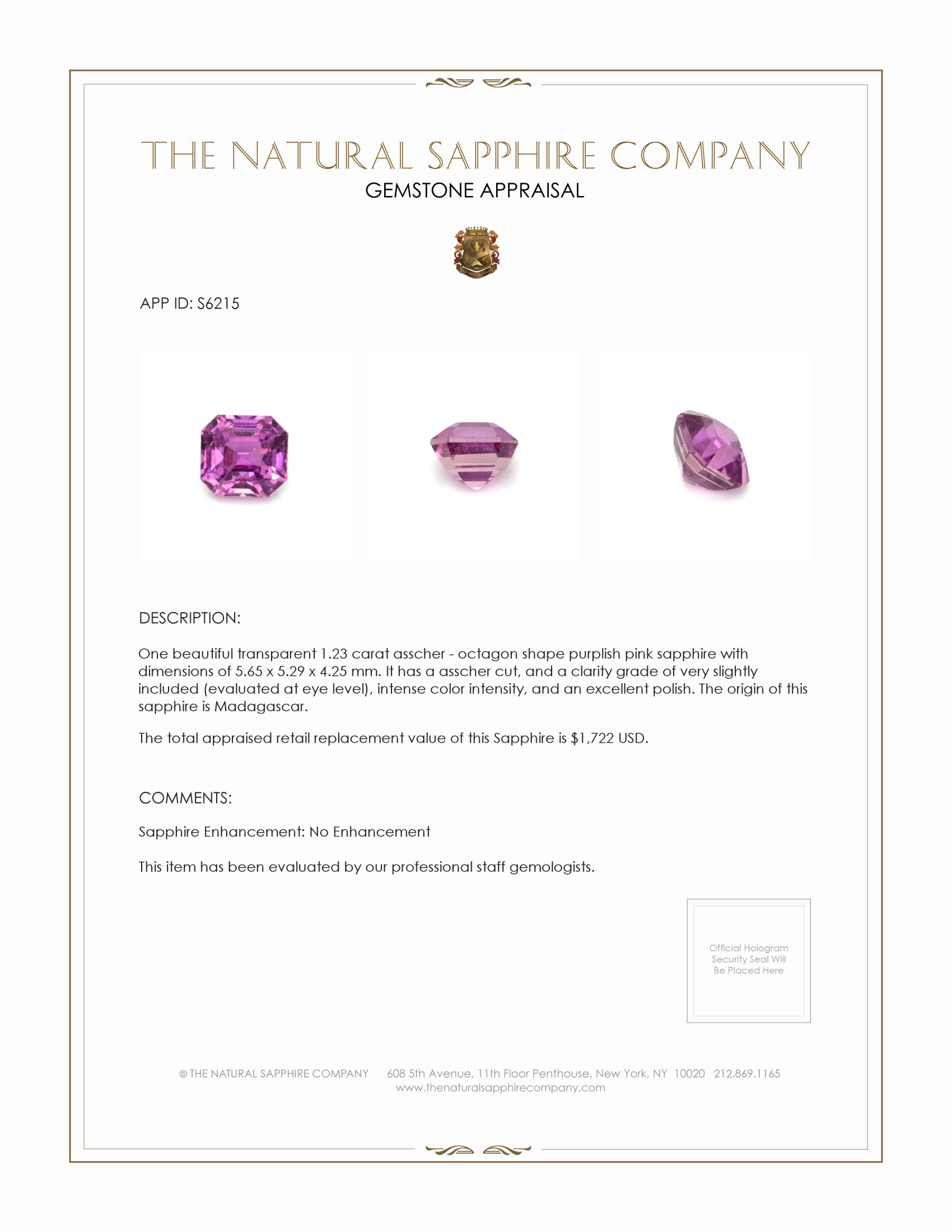1.23 Ct. Purplish Pink Sapphire from Madagascar