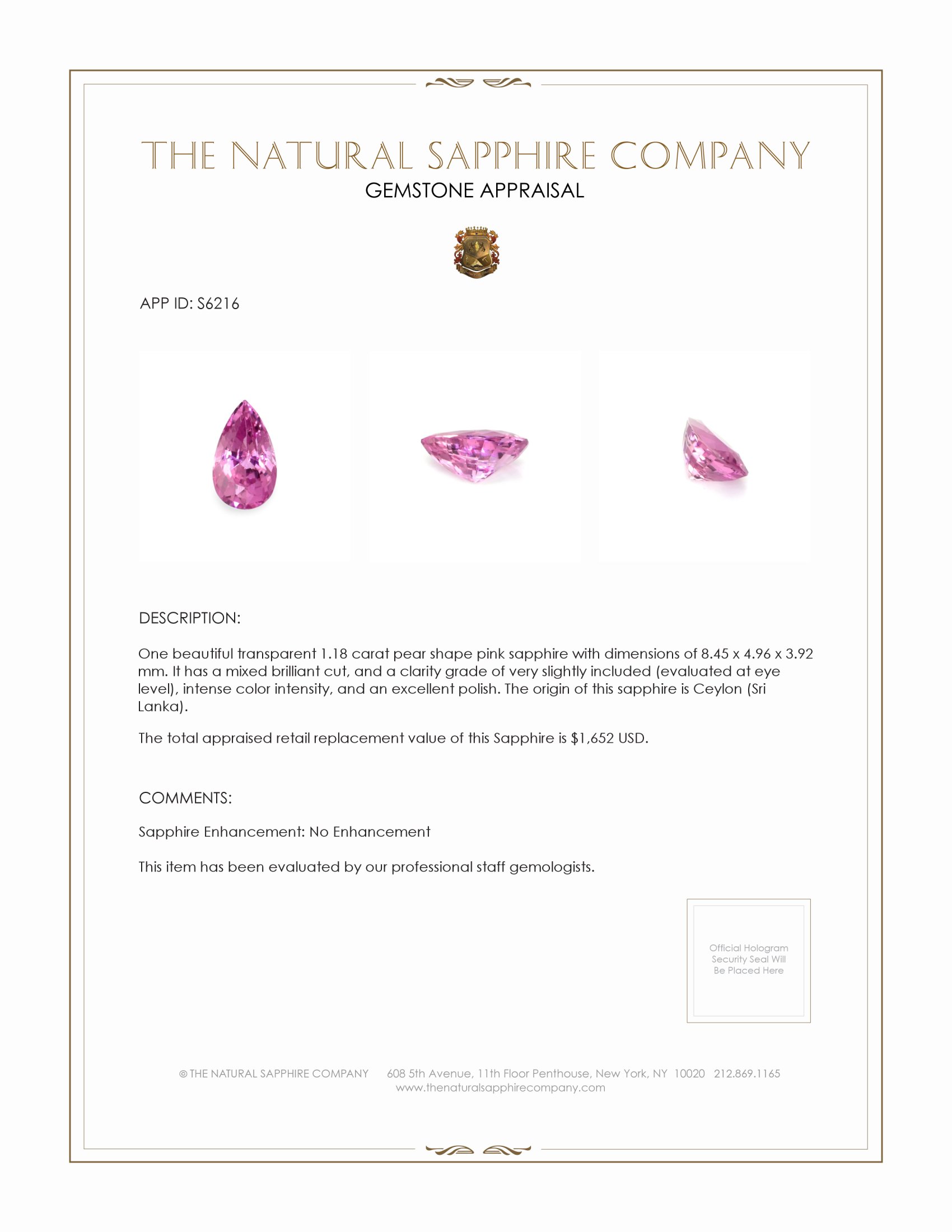 1.18 Ct. Pink Sapphire from Ceylon (Sri Lanka)