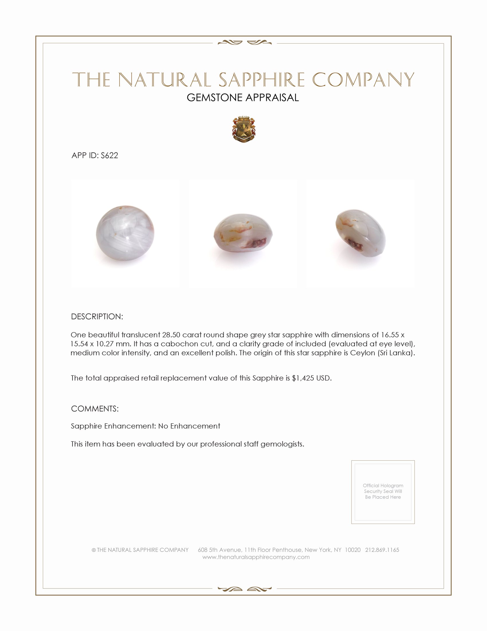 28.50 Ct. Grey Star Sapphire from Ceylon (Sri Lanka)