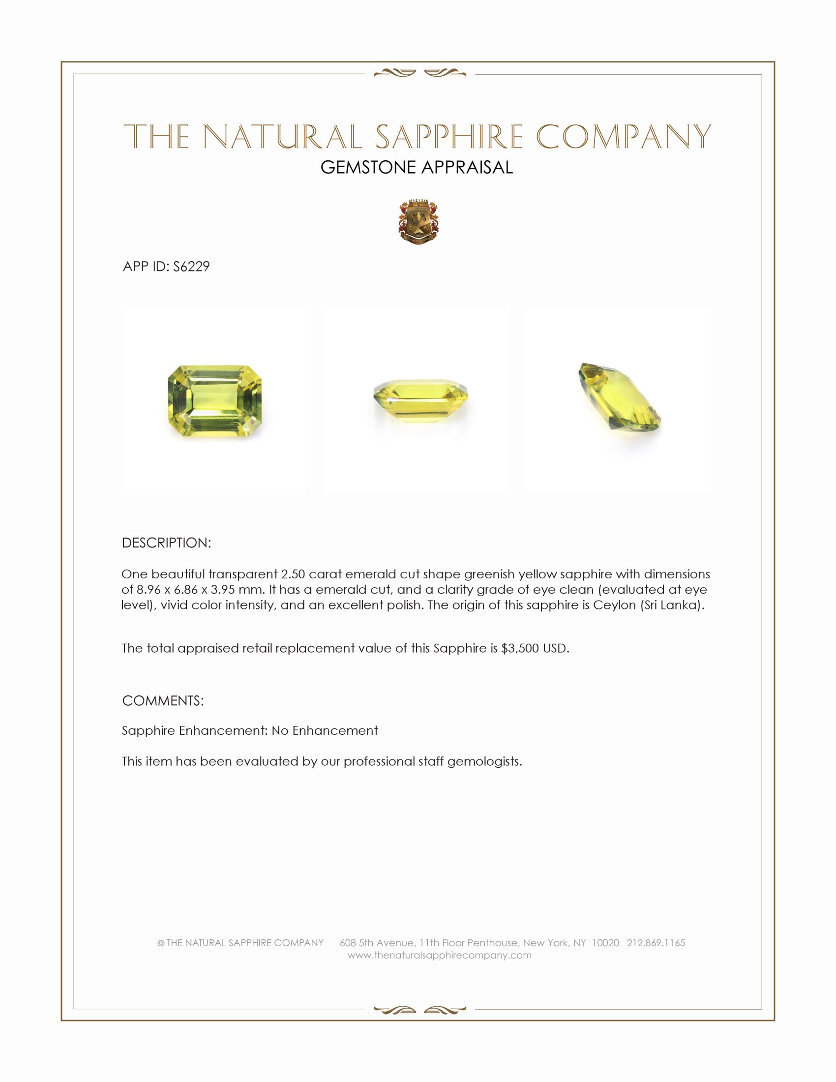 2.50 Ct. Greenish Yellow Sapphire from Ceylon (Sri Lanka)