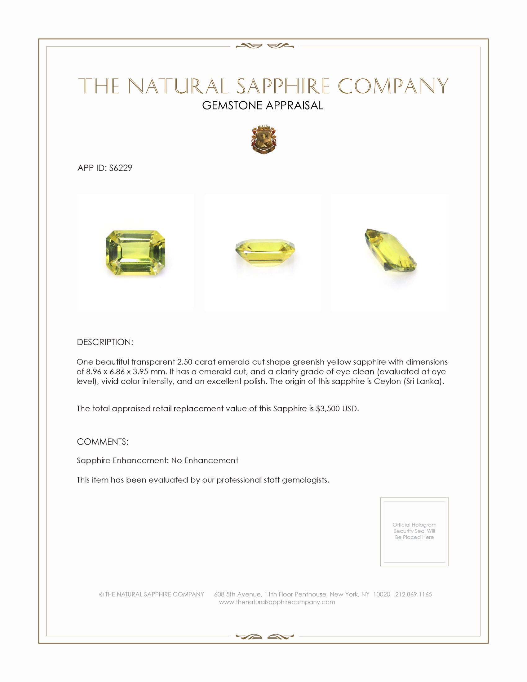 2.50 Ct. Greenish Yellow Sapphire from Ceylon (Sri Lanka)
