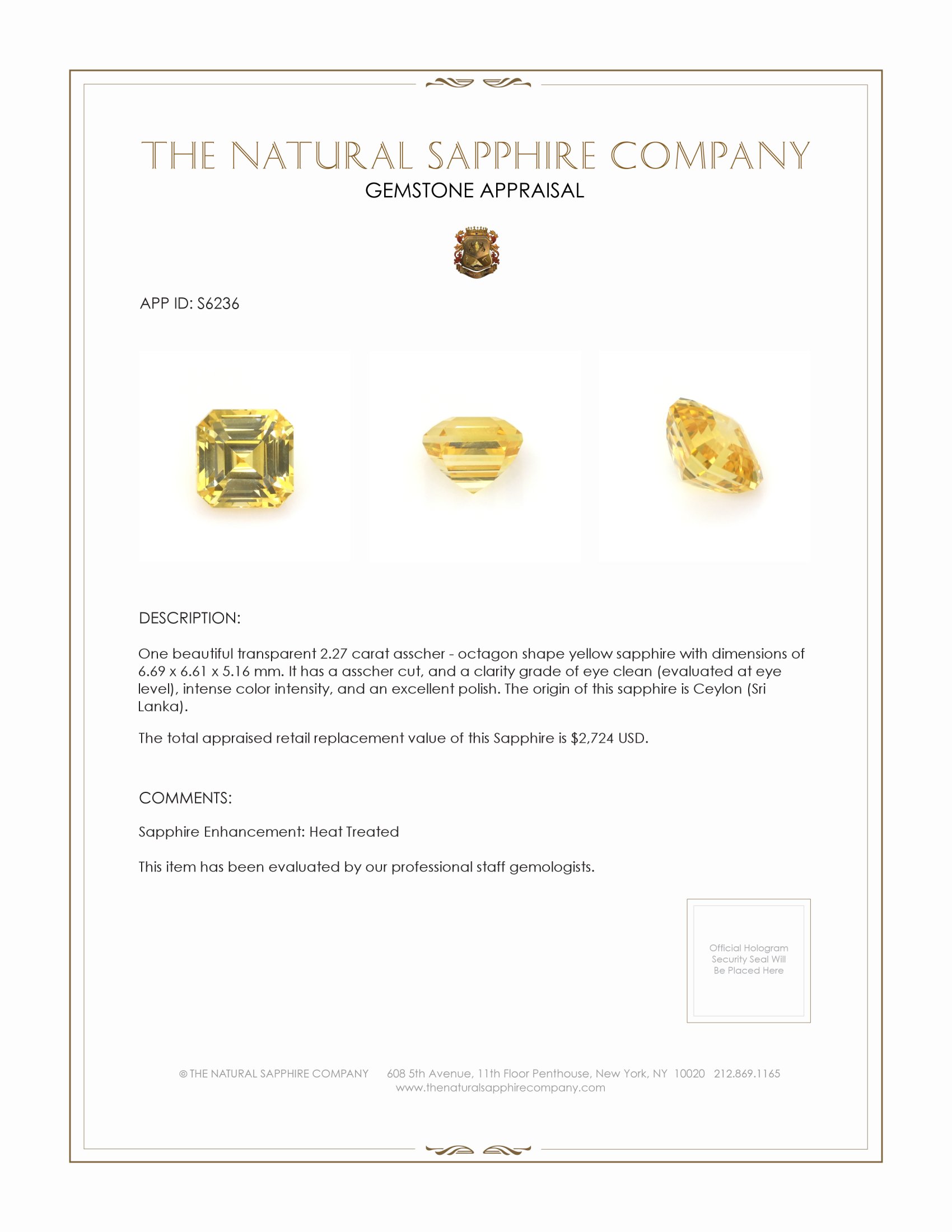 2.27 Ct. Yellow Sapphire from Ceylon (Sri Lanka)
