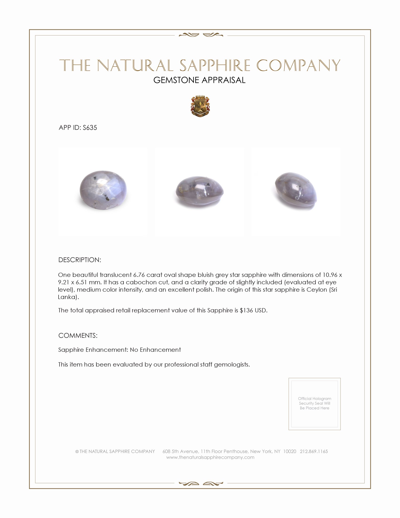 6.76 Ct. Bluish Grey Star Sapphire from Ceylon (Sri Lanka)