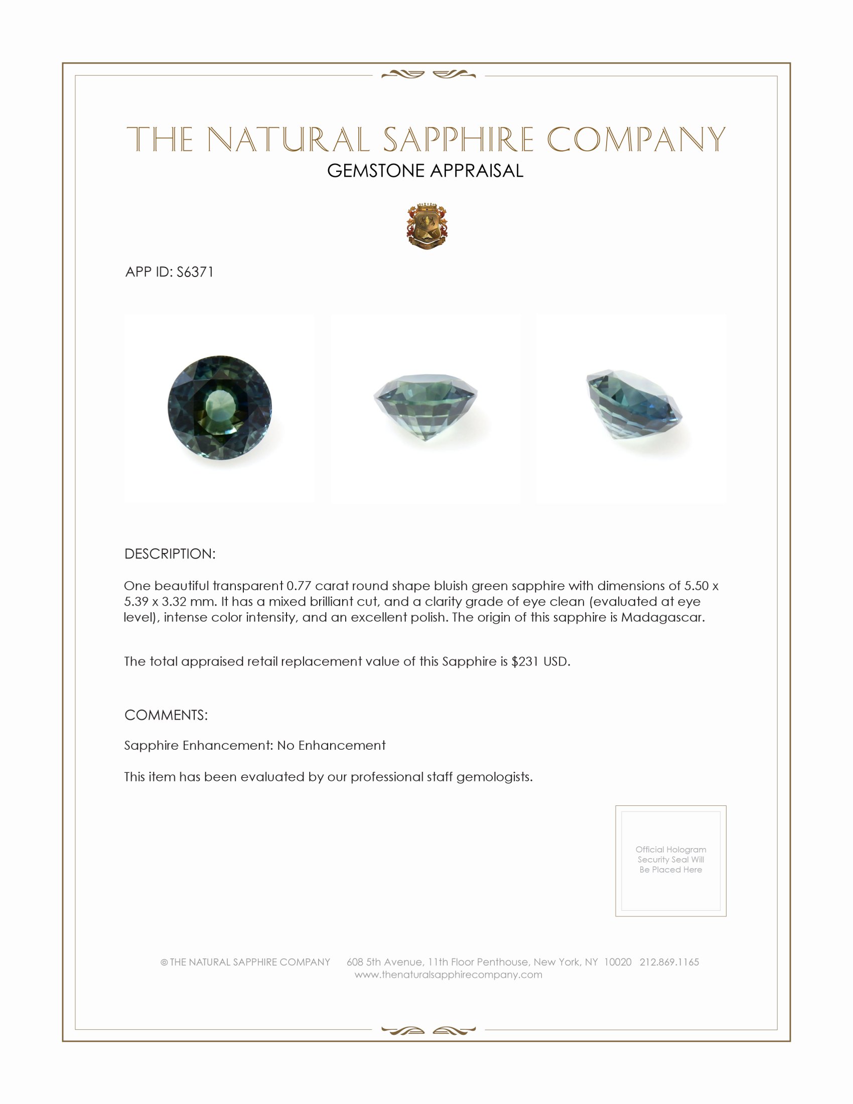 0.77 Ct. Bluish Green Sapphire from Madagascar