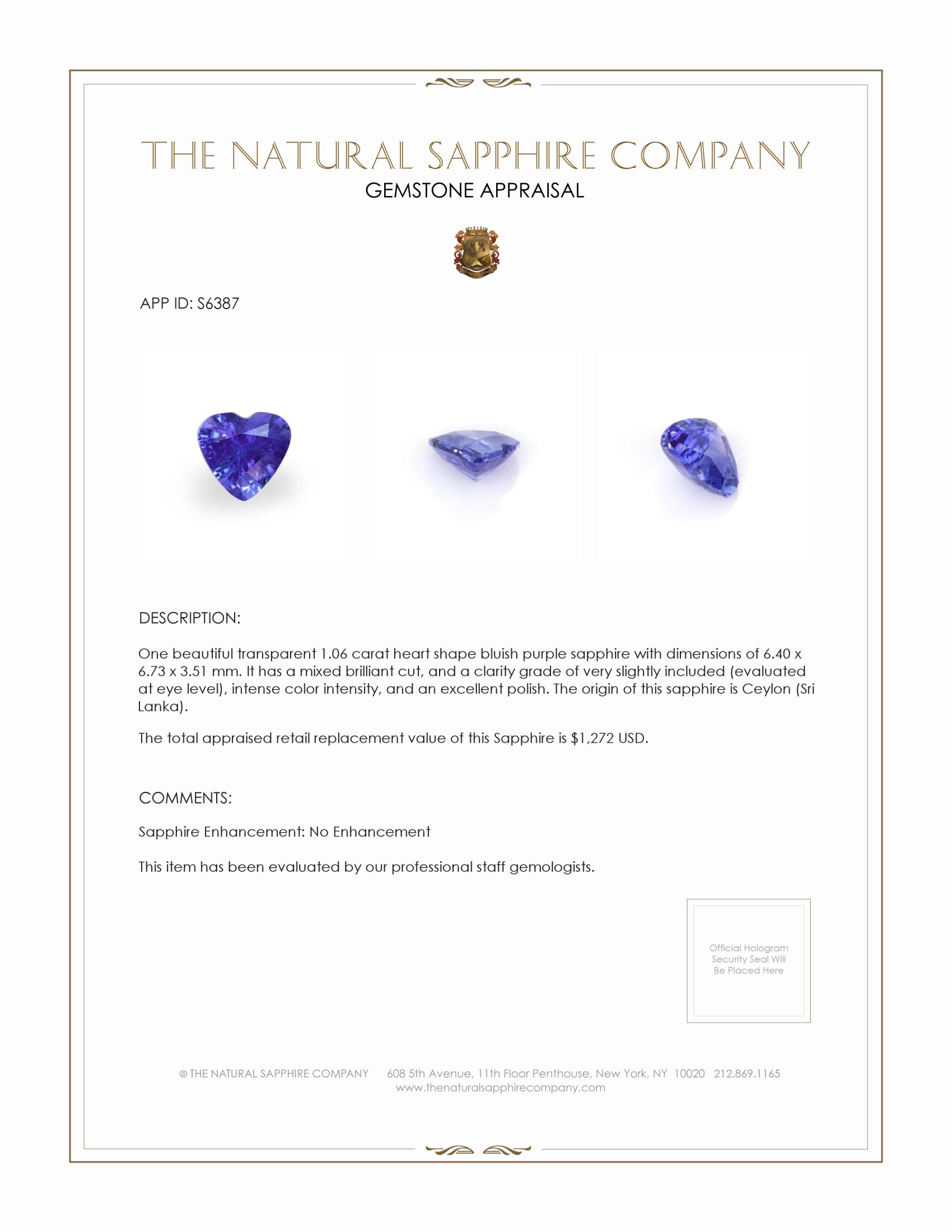 1.06 Ct. Bluish Purple Sapphire from Ceylon (Sri Lanka)