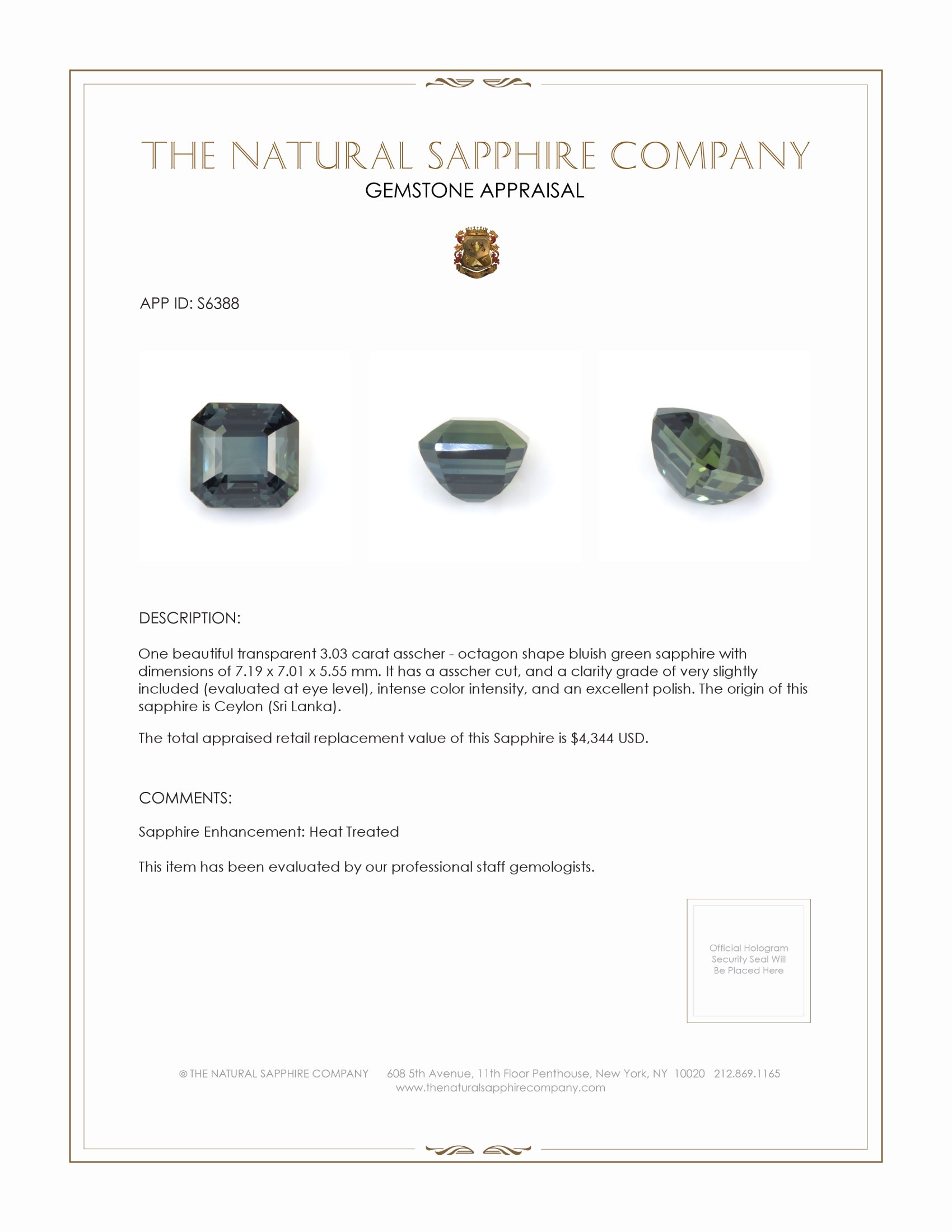 3.03 Ct. Bluish Green Sapphire from Ceylon (Sri Lanka)