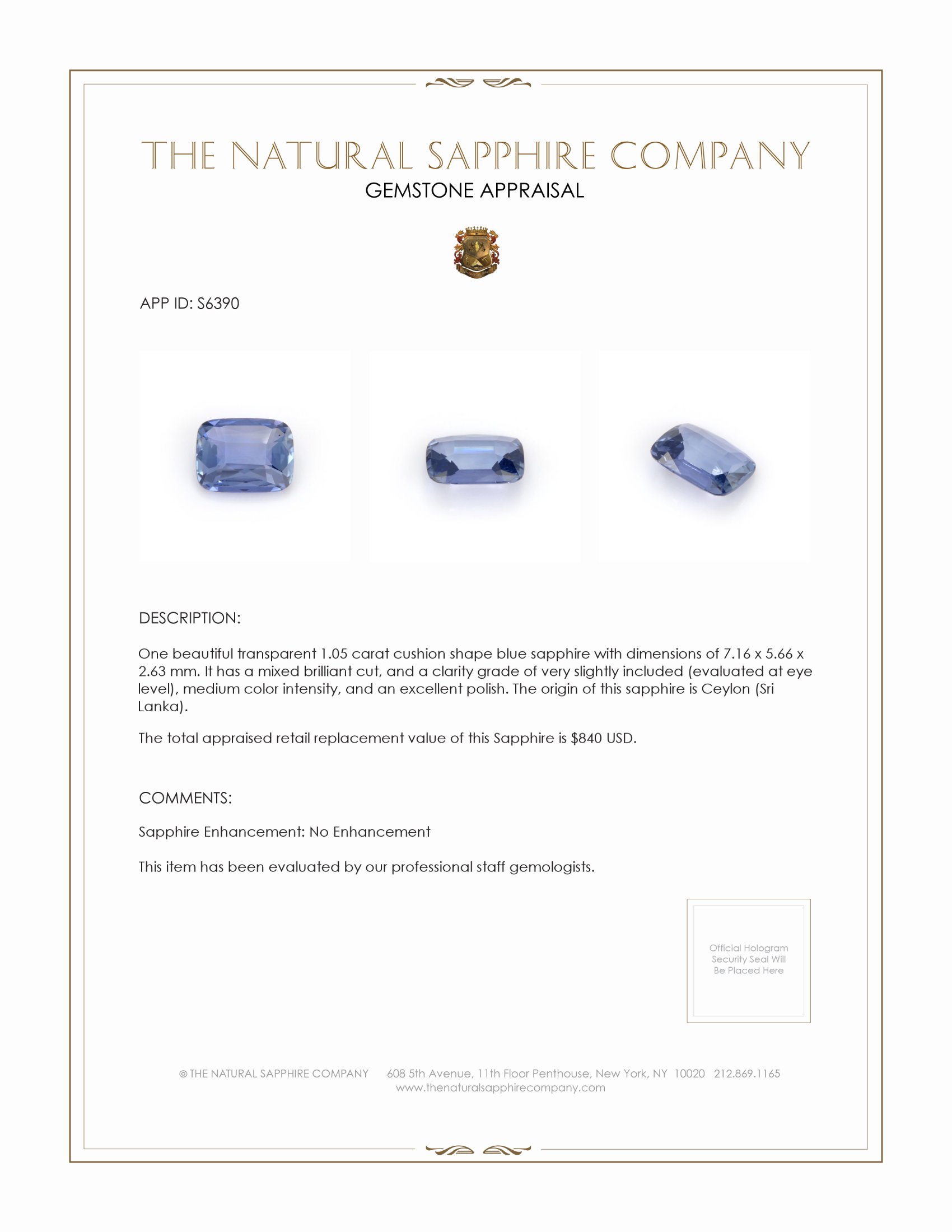 1.05 Ct. Blue Sapphire from Ceylon (Sri Lanka)