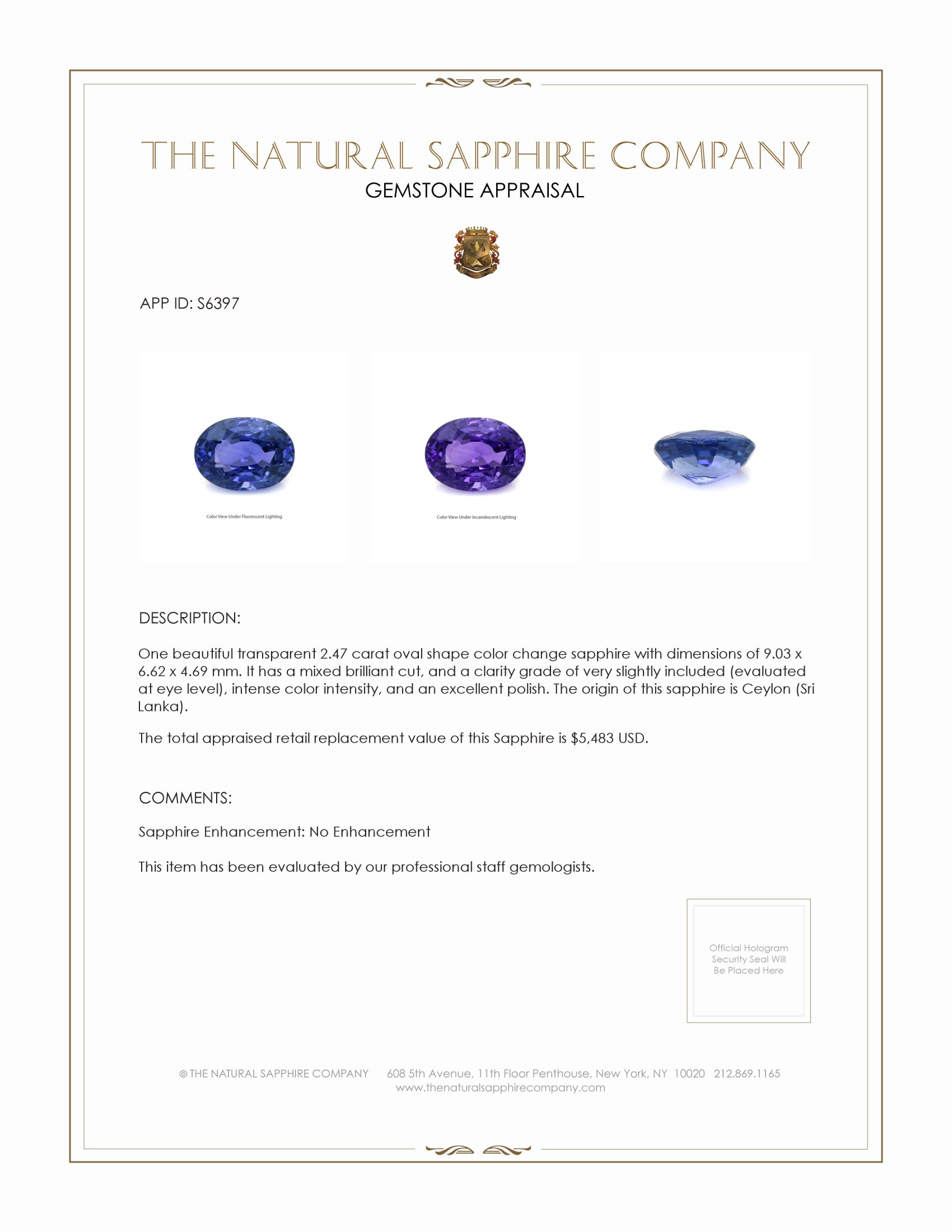 2.47 Ct. Color Change Sapphire from Ceylon (Sri Lanka)