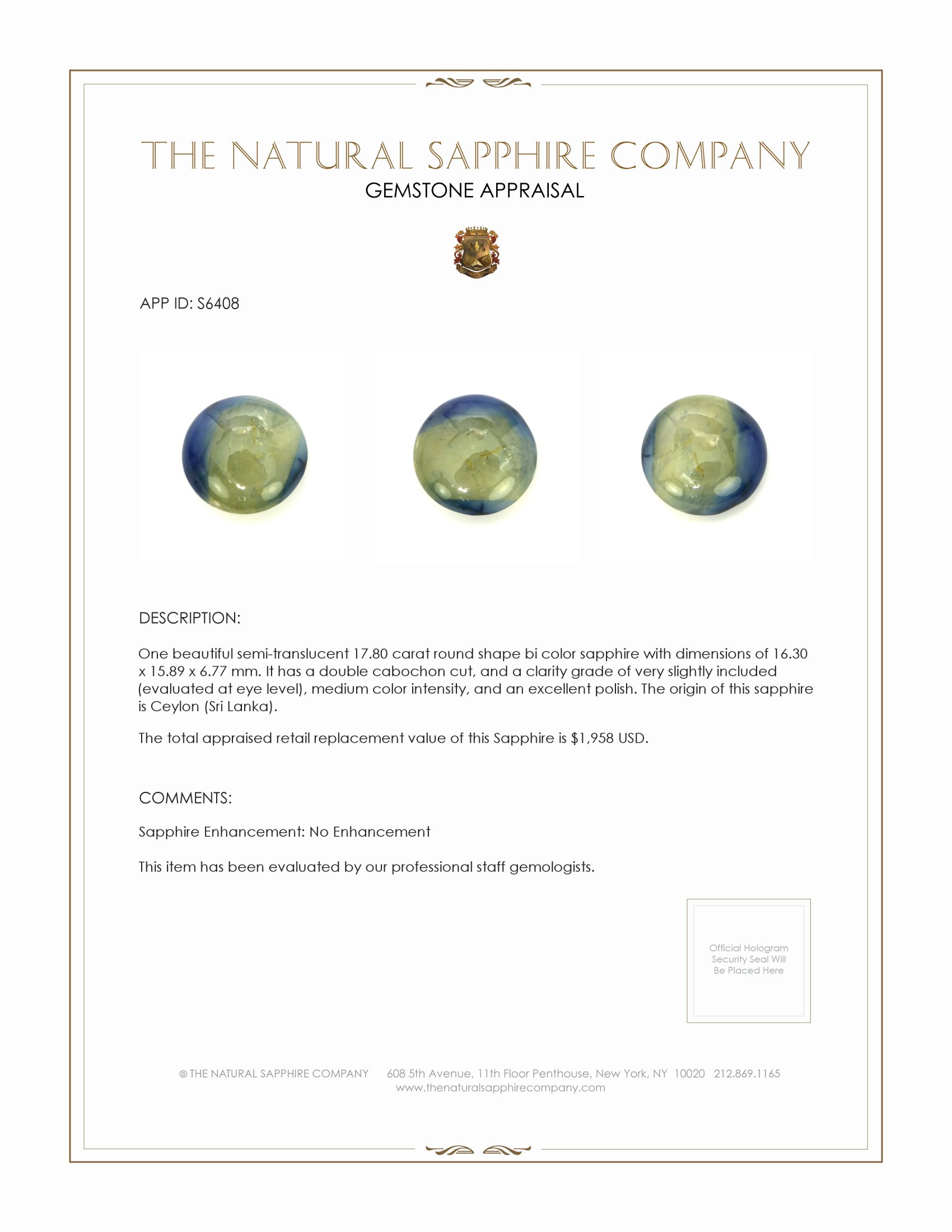 17.80 Ct. Bi Color Cabochon Sapphire from Ceylon (Sri Lanka)