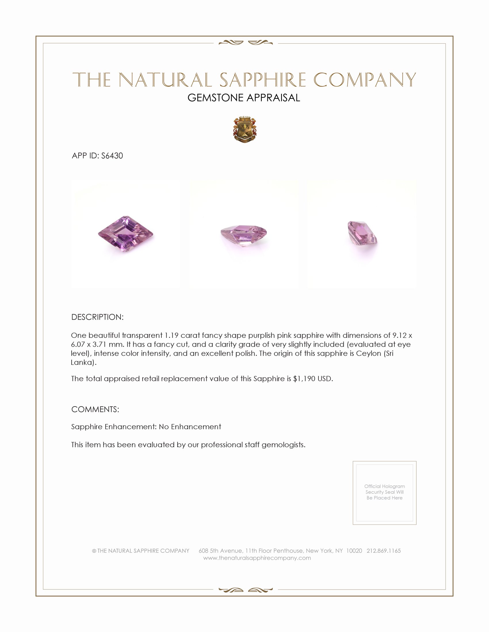 1.19 Ct. Purplish Pink Sapphire from Ceylon (Sri Lanka)