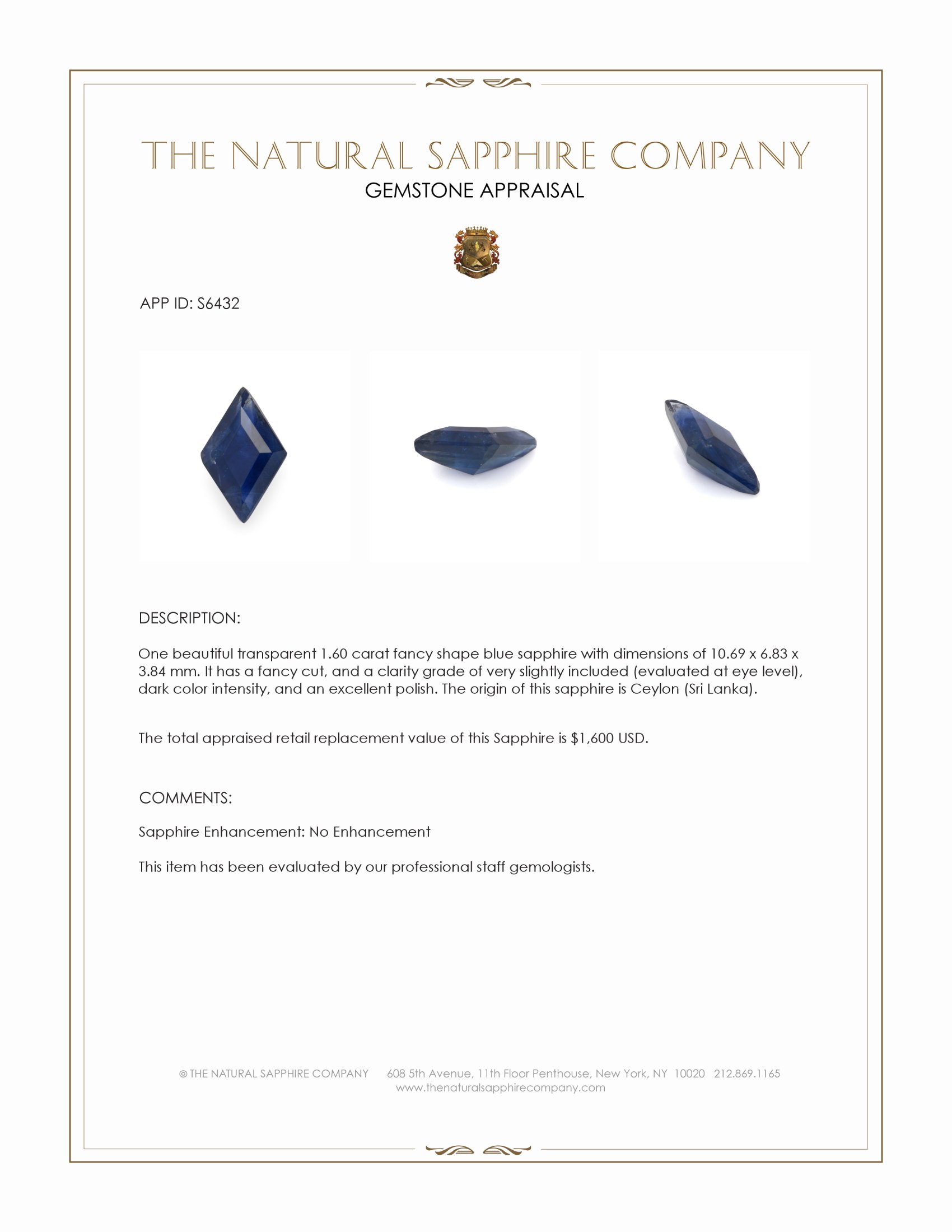 1.60 Ct. Blue Sapphire from Ceylon (Sri Lanka)