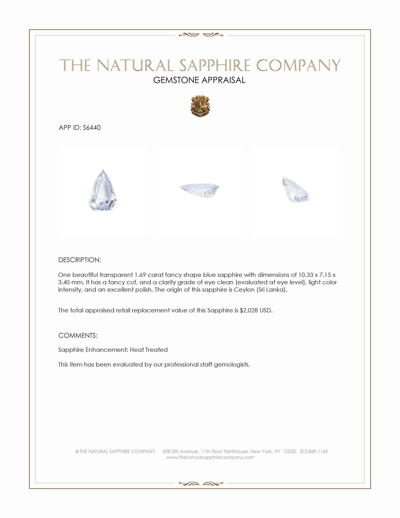 1.69 Ct. Blue Sapphire from Ceylon (Sri Lanka)