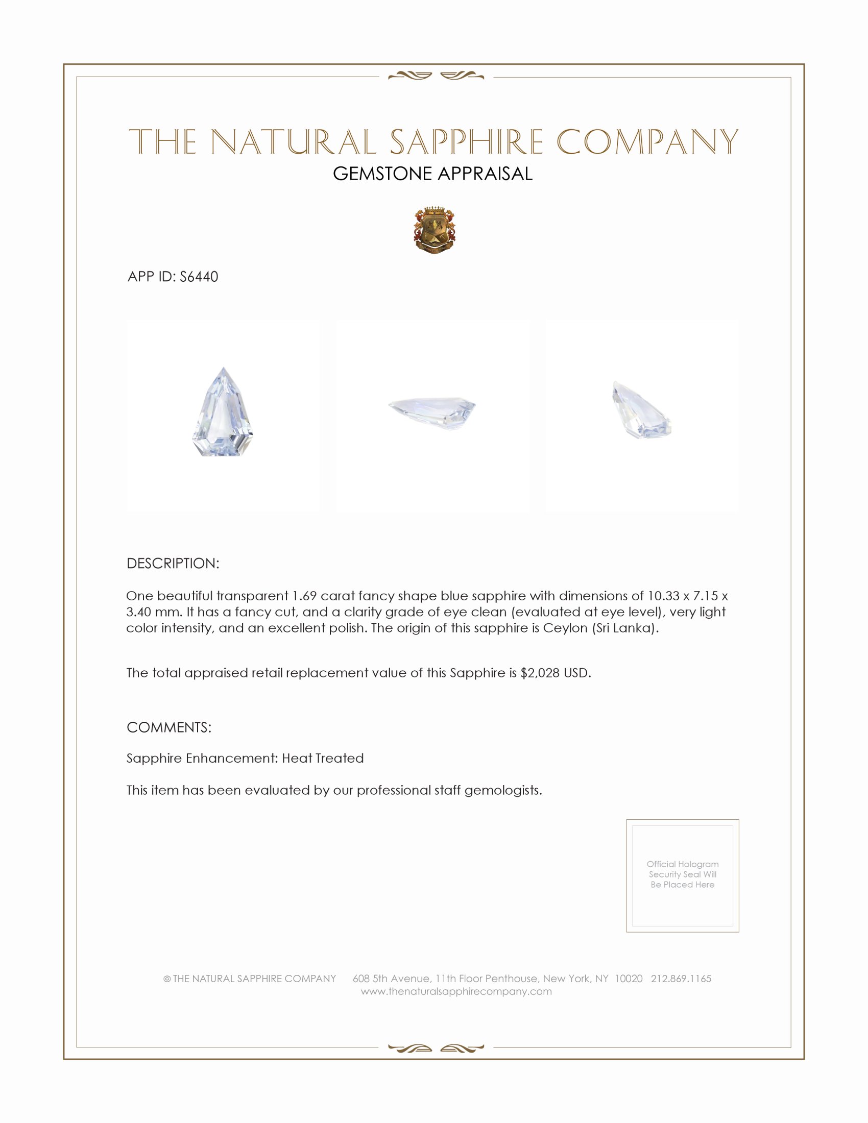 1.69 Ct. Blue Sapphire from Ceylon (Sri Lanka)