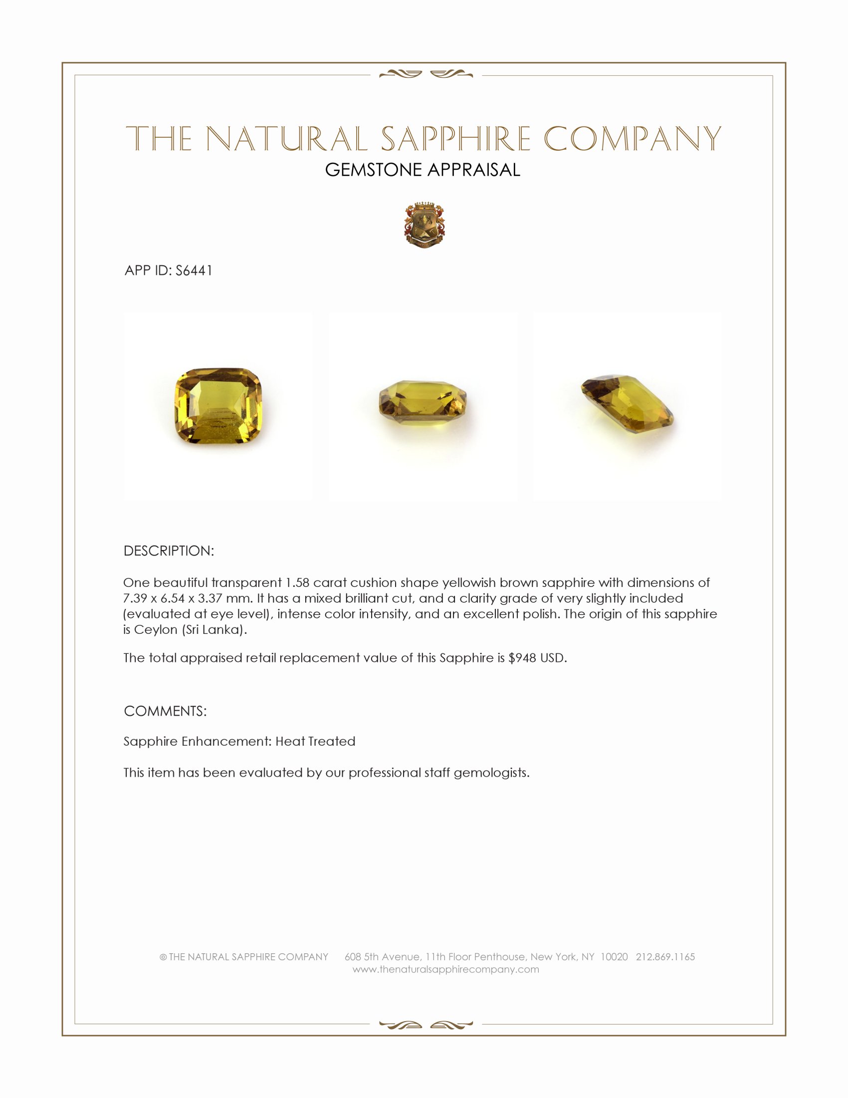 1.58 Ct. Yellowish Brown Sapphire from Ceylon (Sri Lanka)