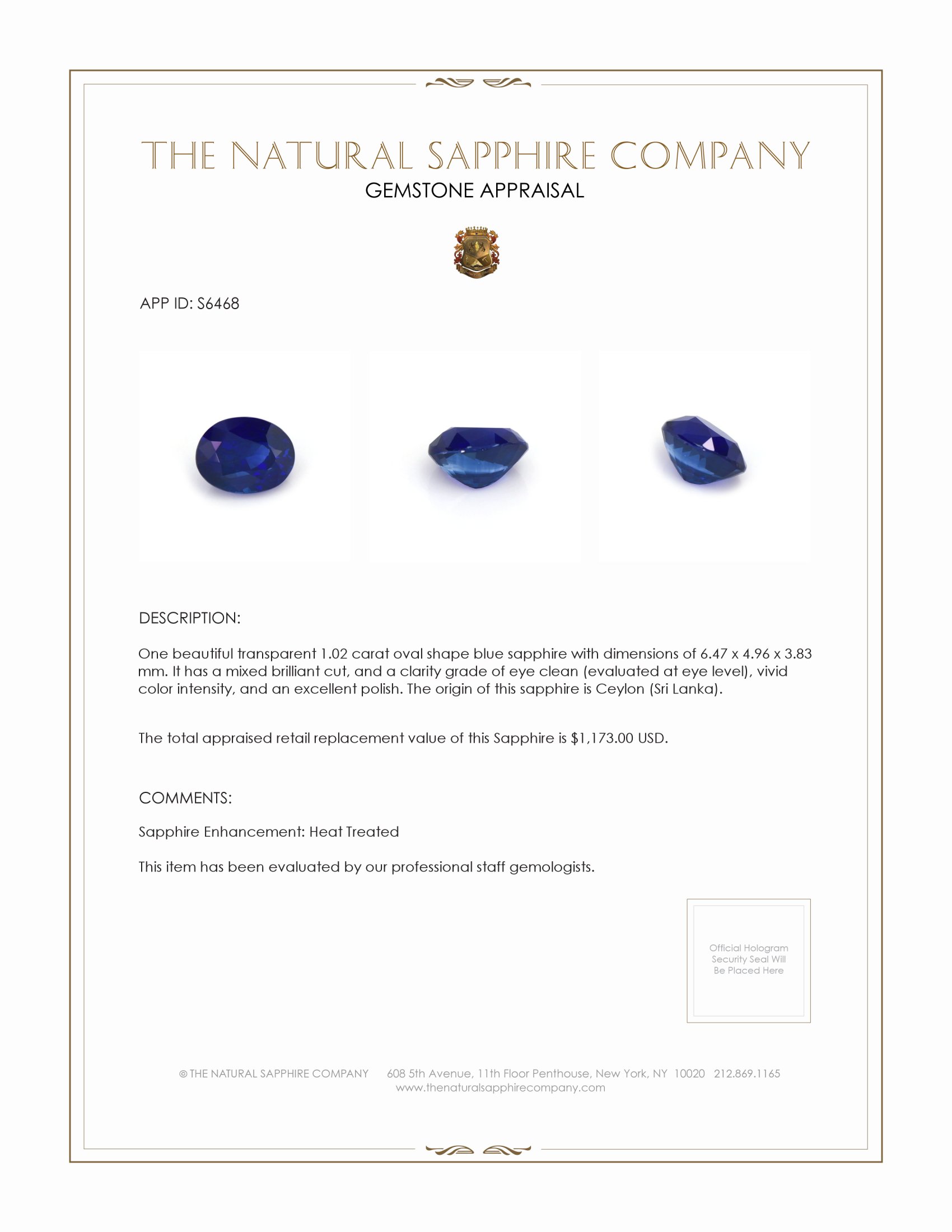 1.02 Ct. Blue Sapphire from Ceylon (Sri Lanka)