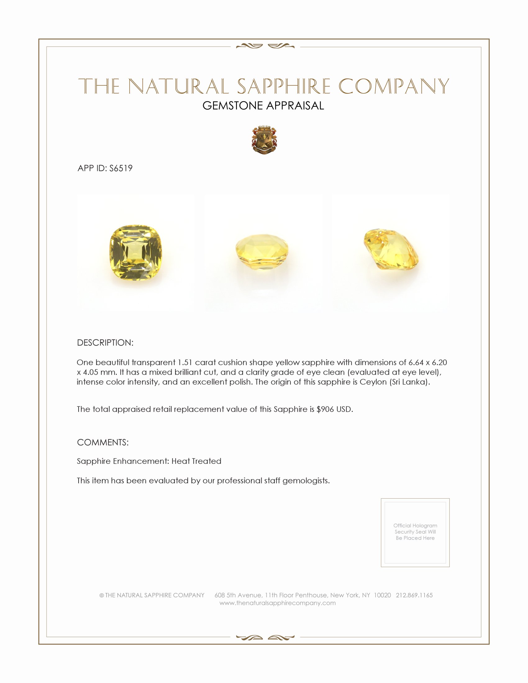 1.51 Ct. Yellow Sapphire from Ceylon (Sri Lanka)