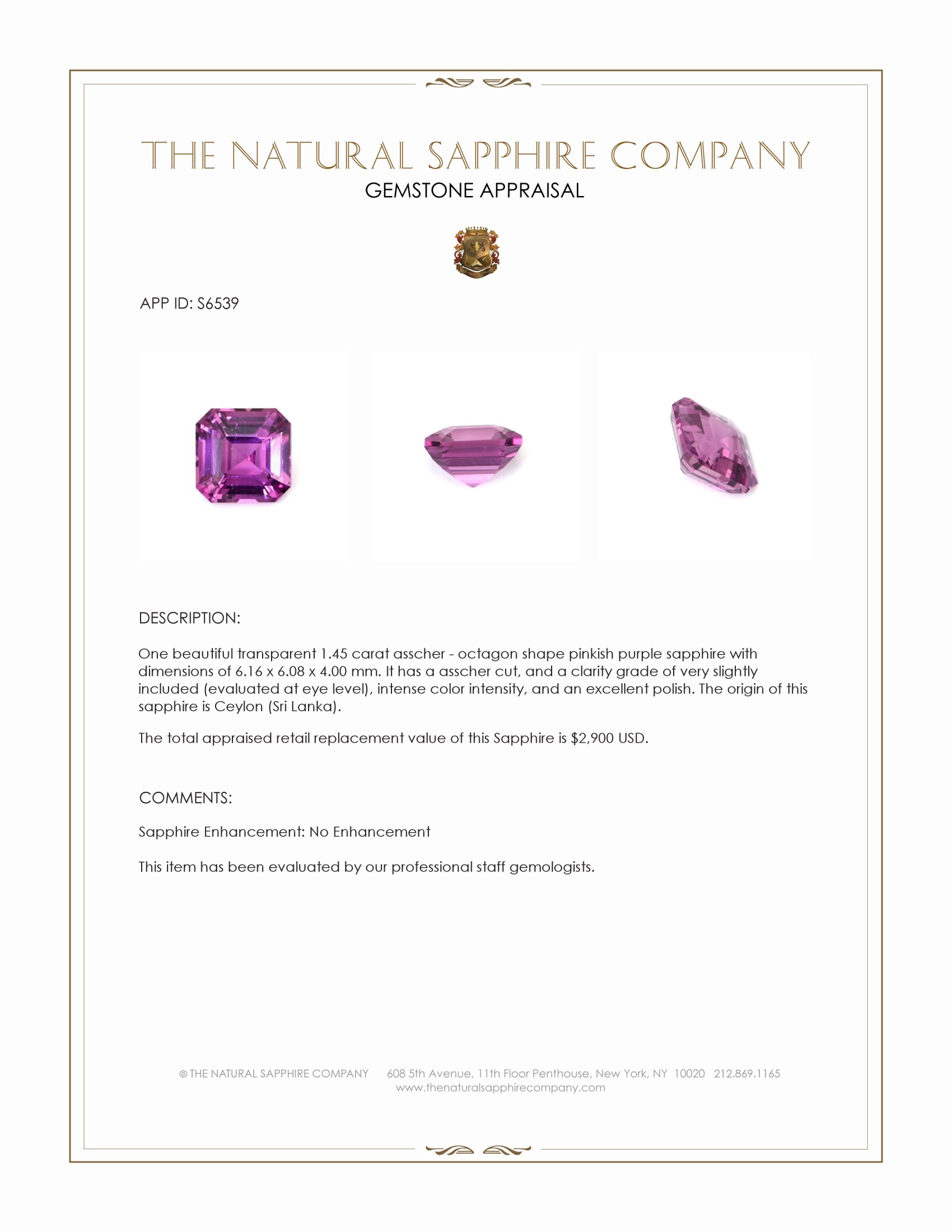1.45 Ct. Pinkish Purple Sapphire from Ceylon (Sri Lanka)