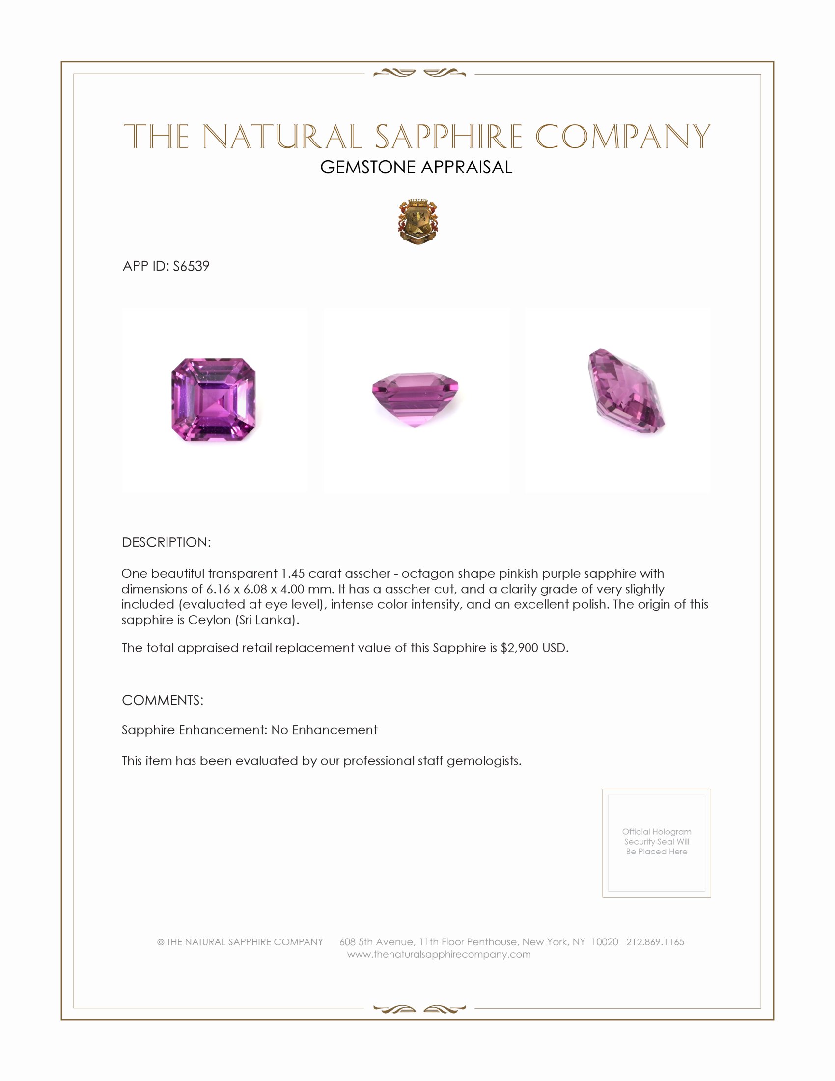 1.45 Ct. Pinkish Purple Sapphire from Ceylon (Sri Lanka)
