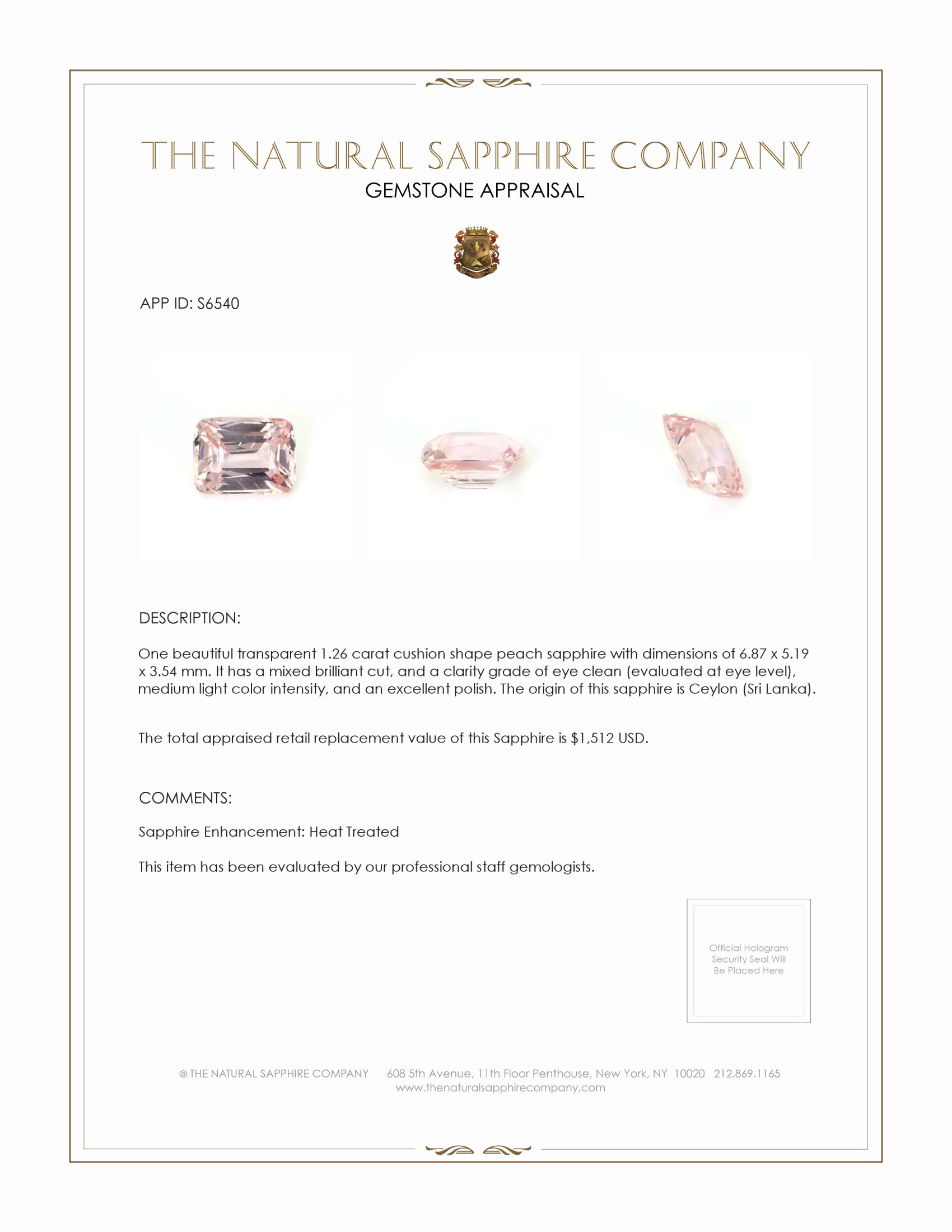 1.26 Ct. Peach Sapphire from Ceylon (Sri Lanka)