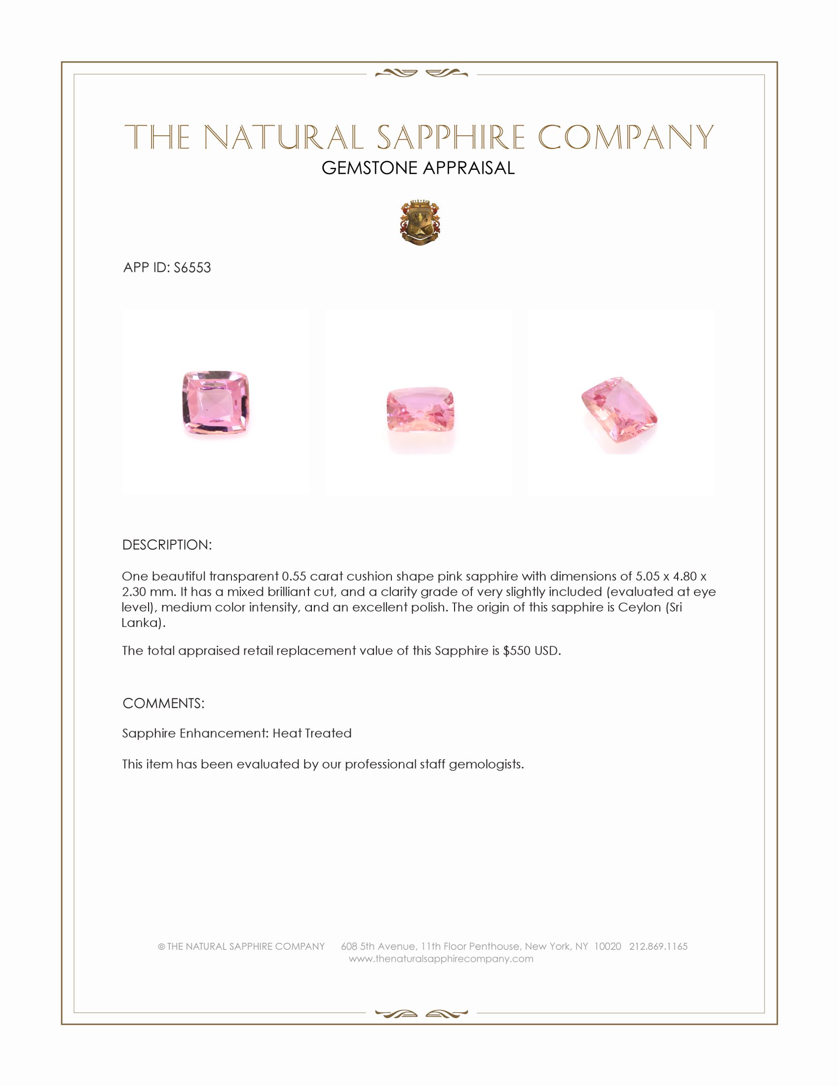 0.55 Ct. Pink Sapphire from Ceylon (Sri Lanka)