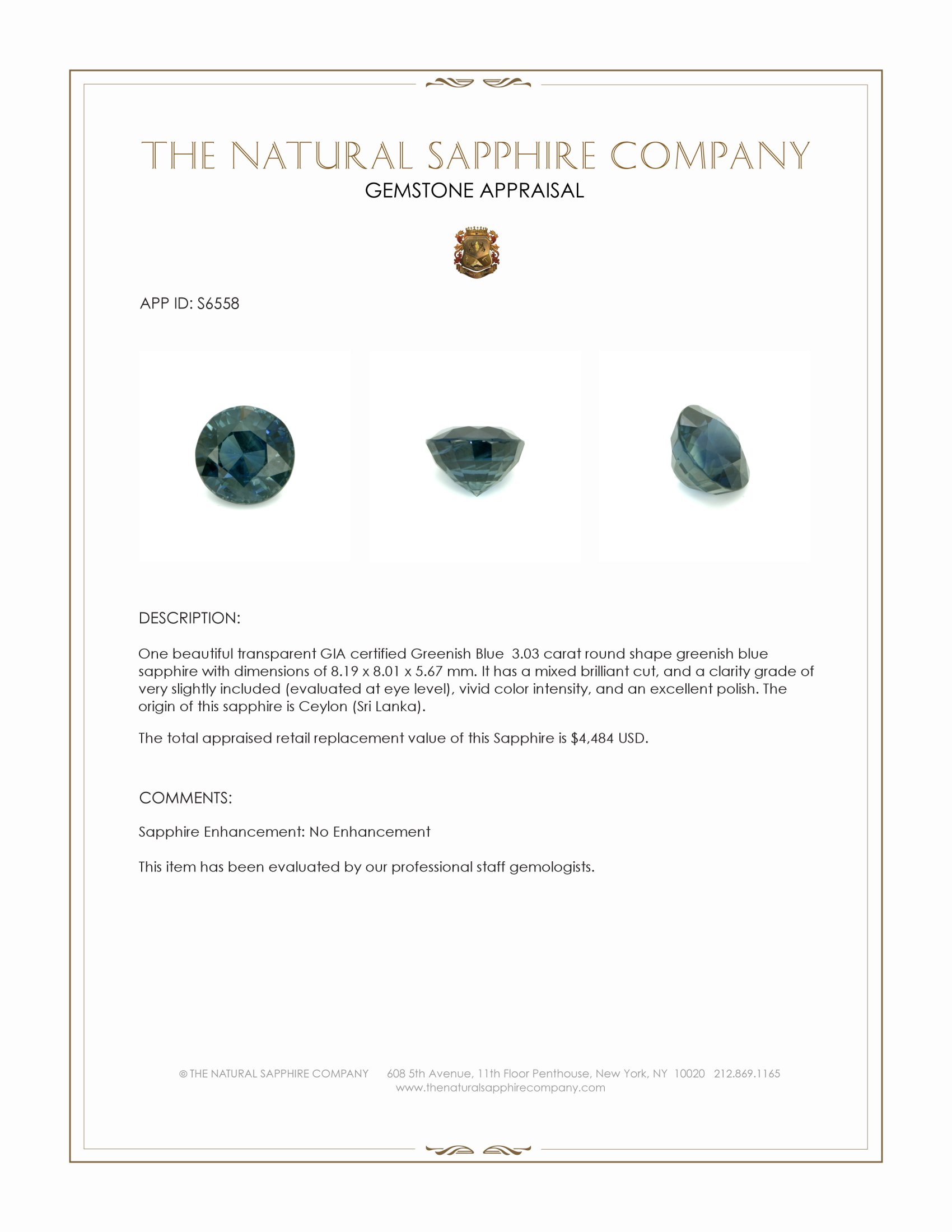 3.03 Ct. Greenish Blue Sapphire from Ceylon (Sri Lanka)