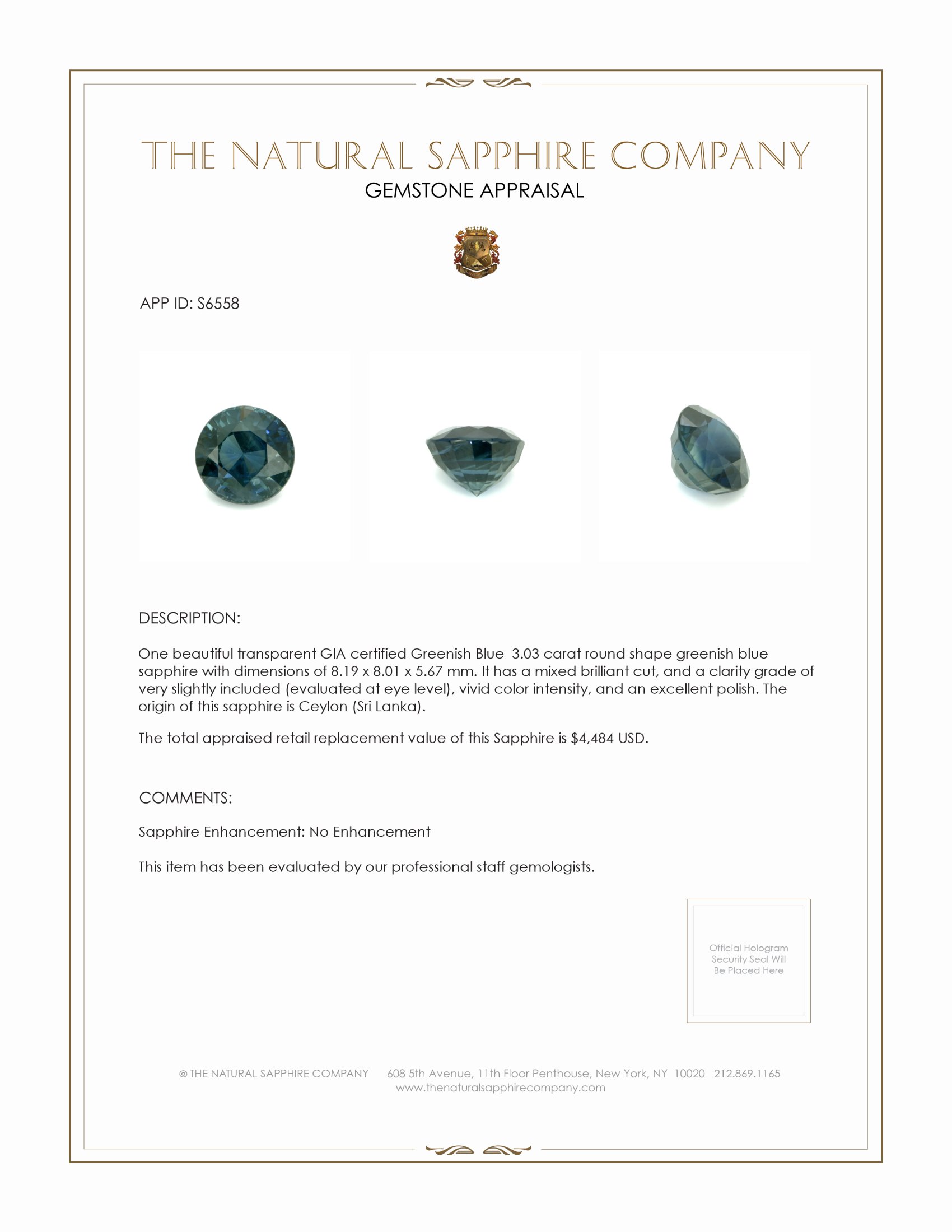 3.03 Ct. Greenish Blue Sapphire from Ceylon (Sri Lanka)