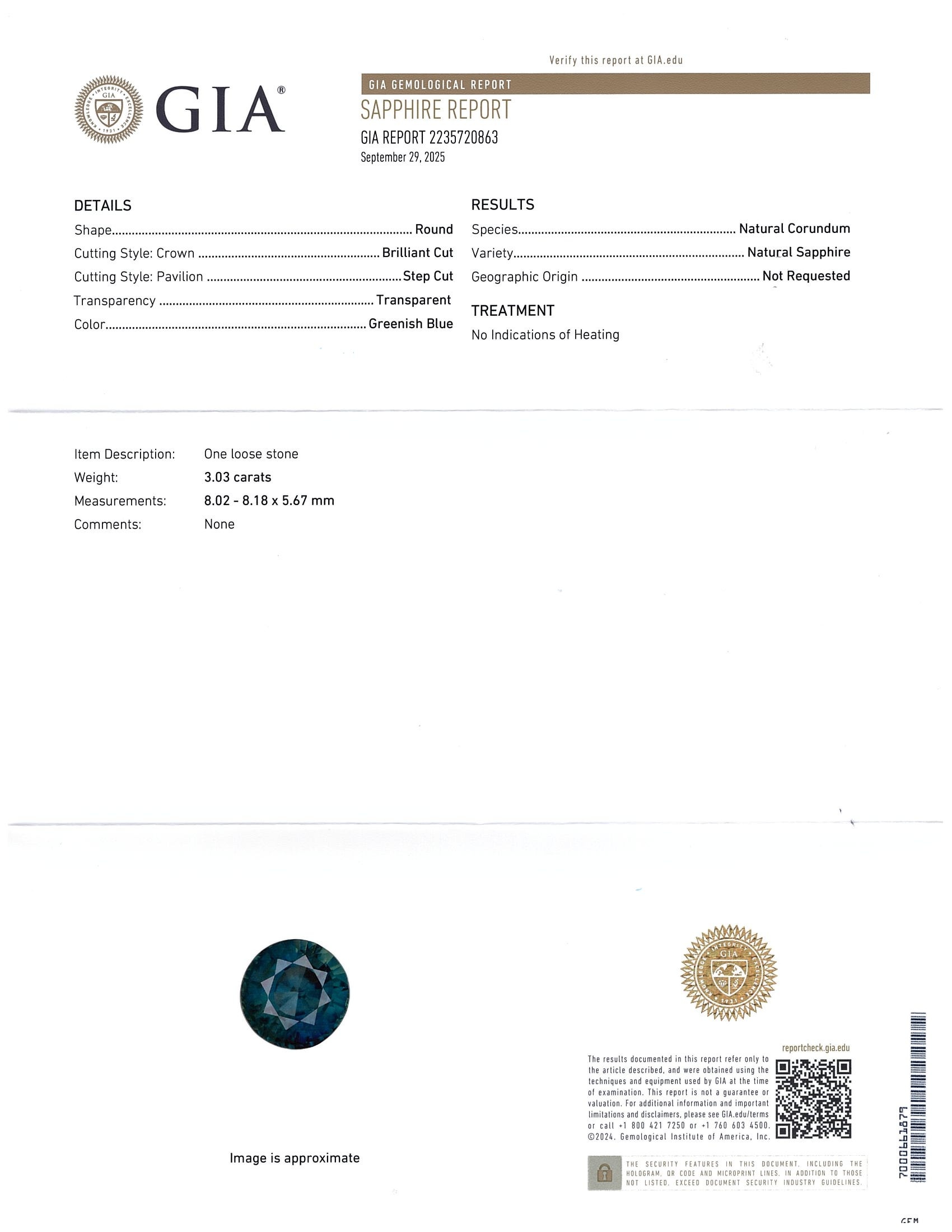 3.03 Ct. Greenish Blue Sapphire from Ceylon (Sri Lanka)