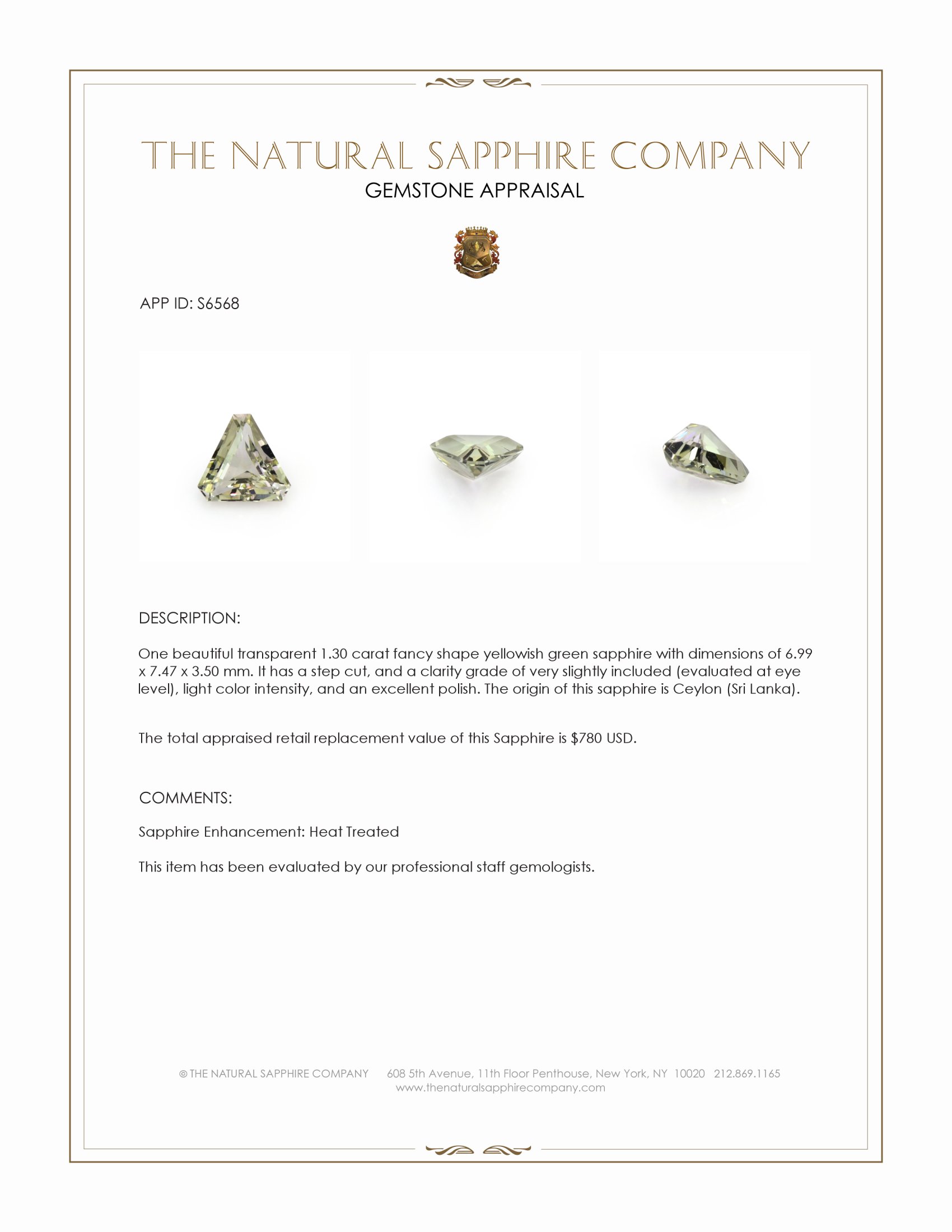 1.30 Ct. Yellowish Green Sapphire from Ceylon (Sri Lanka)
